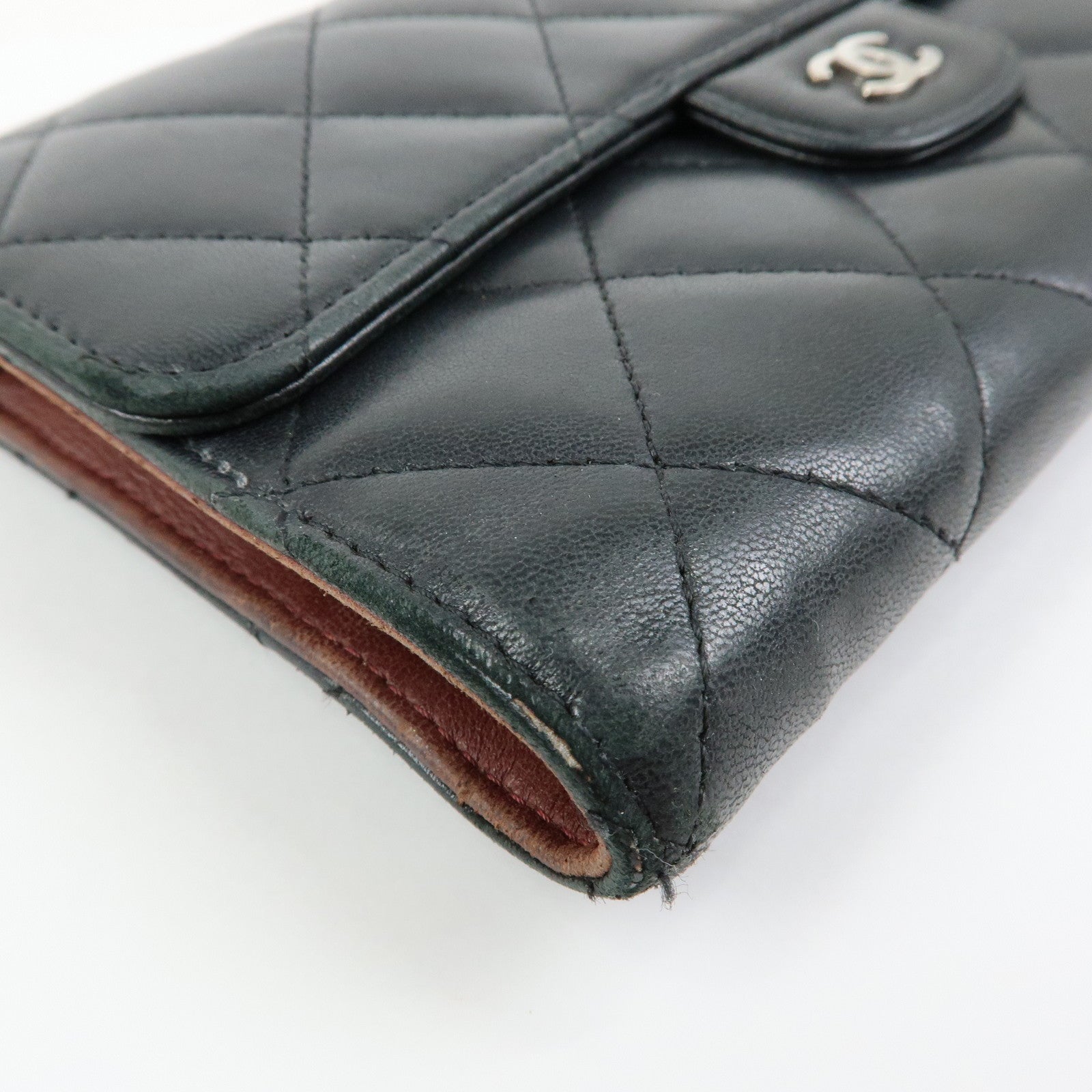 CHANEL Matelasse Lamb Skin Long Flap Wallet Black Silver A82281