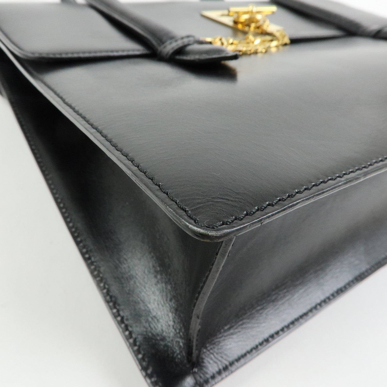 CELINE Leather Chain Lock Tote Bag Shoulder Bag Hand Bag Black