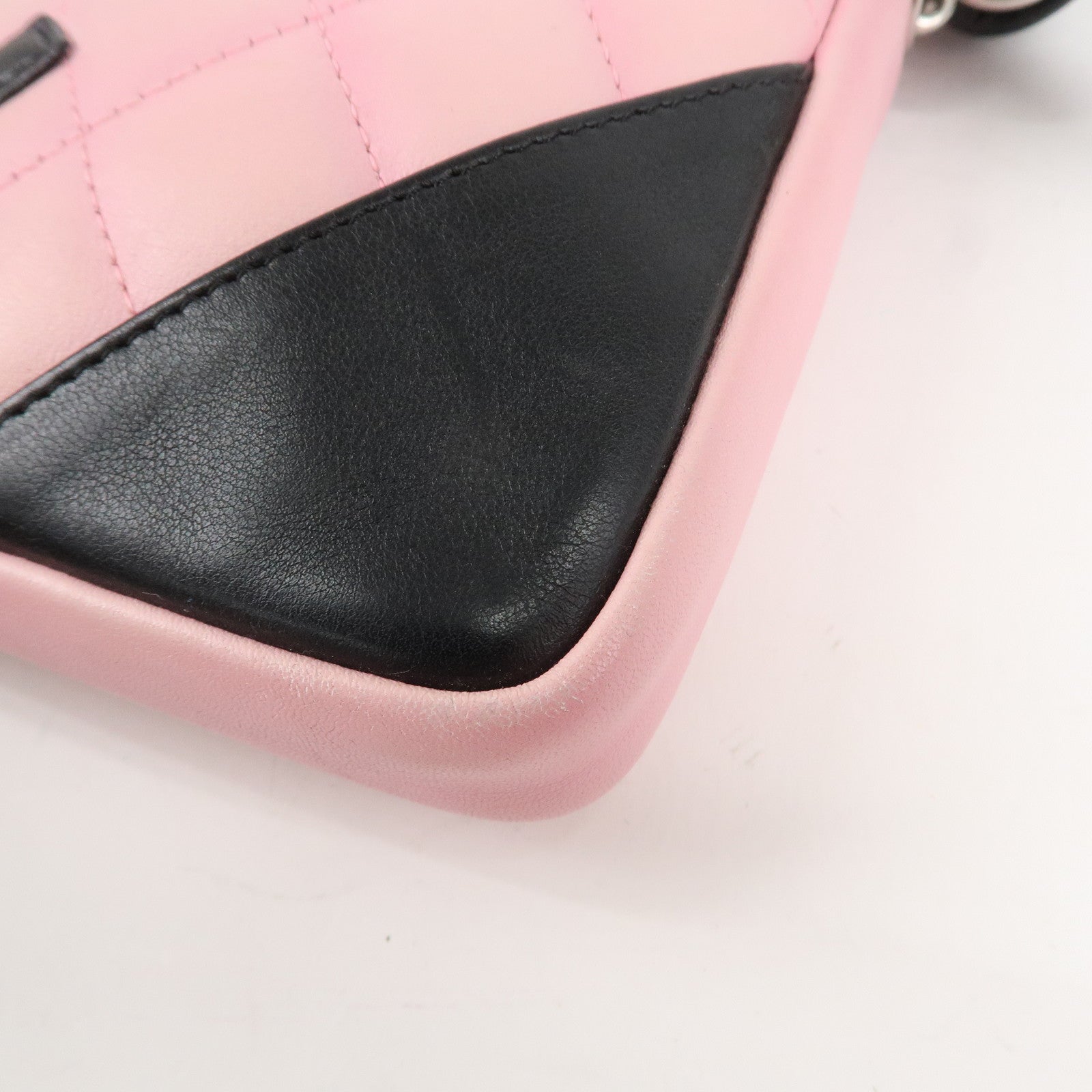 CHANEL Cambon Lamb Skin Small Pochette Shoulder Bag Pink Black A25177 Used