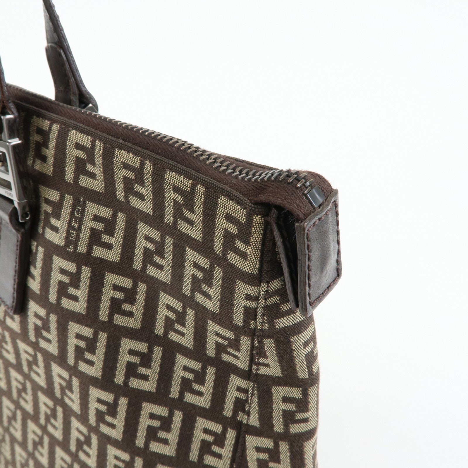 FENDI Zucchino Canvas Leather Tote Bag Hand Bag Brown 8BH138