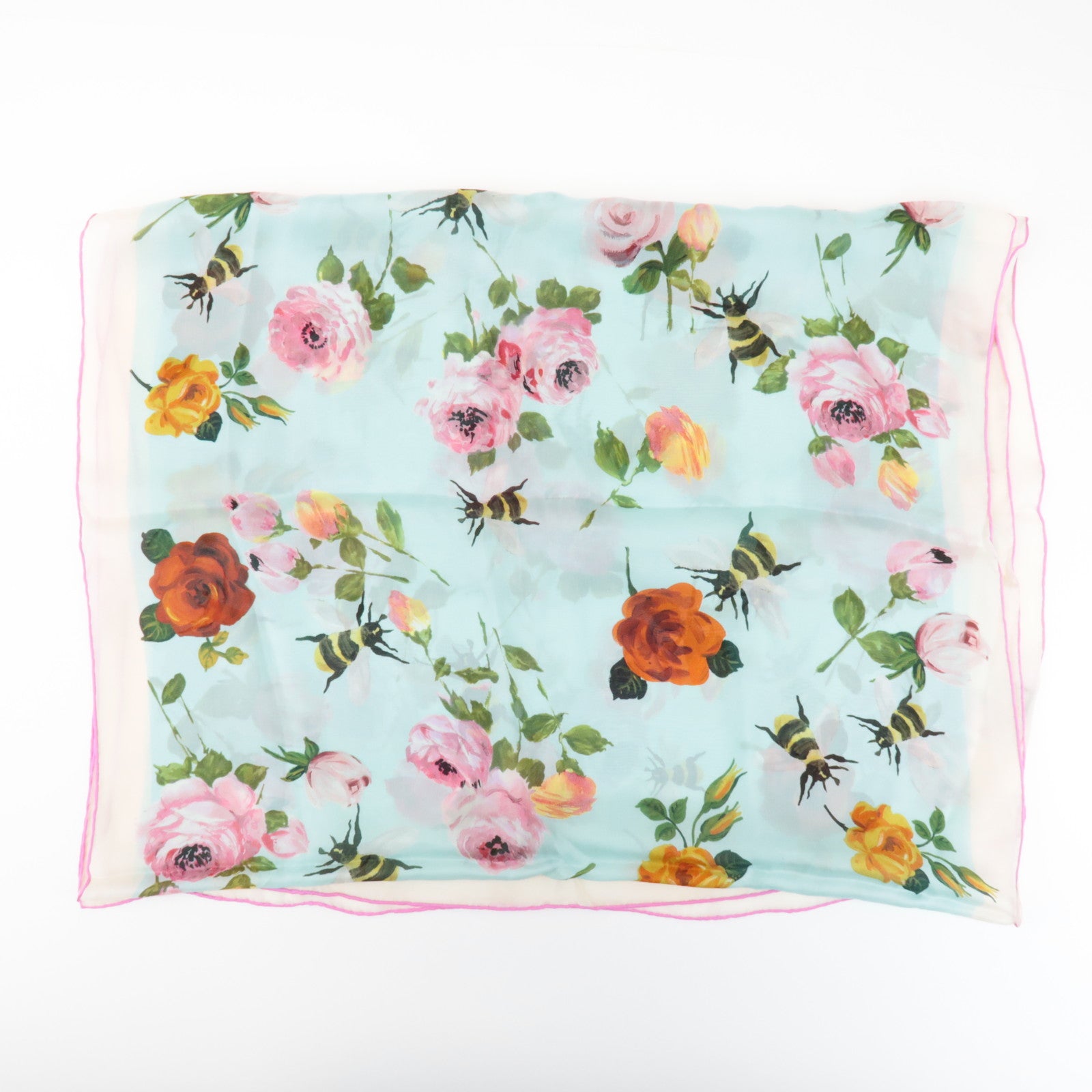 GUCCI Silk 100% 64 ×192 Floral Honey Bee Print Scarf Blue