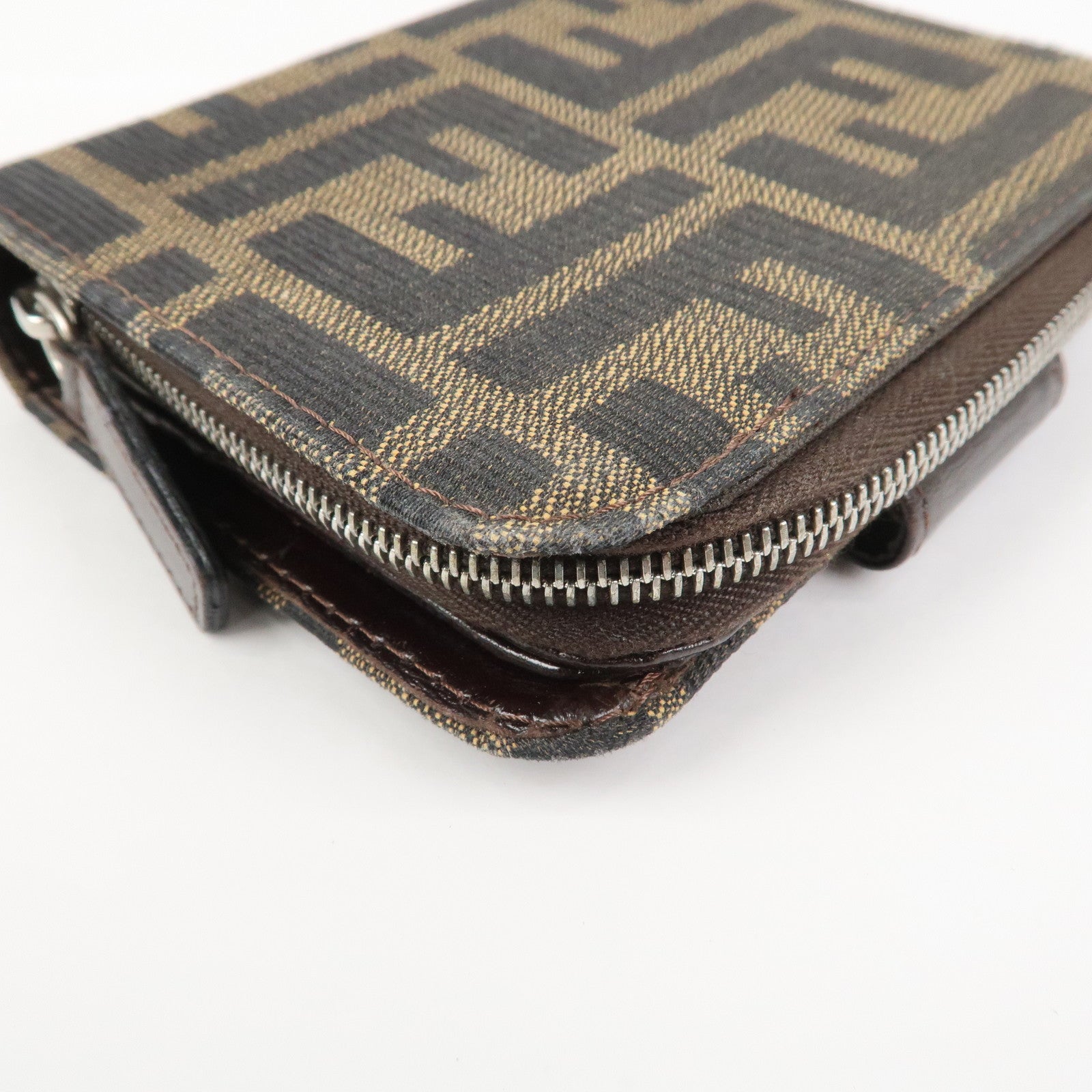 FENDI Zucca Canvas Leather Bi-fold Compact Wallet Brown Black 16348