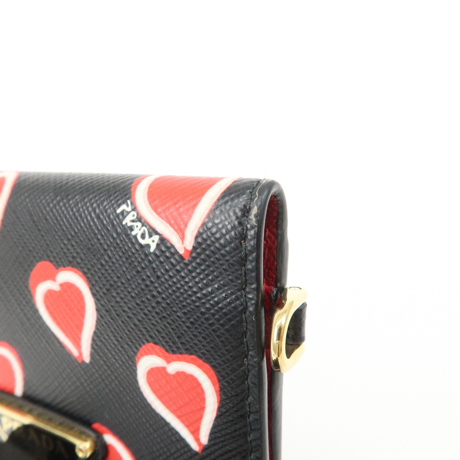 PRADA Saffiano Leather Heart Card Case Pass Case Black Red 1MC006