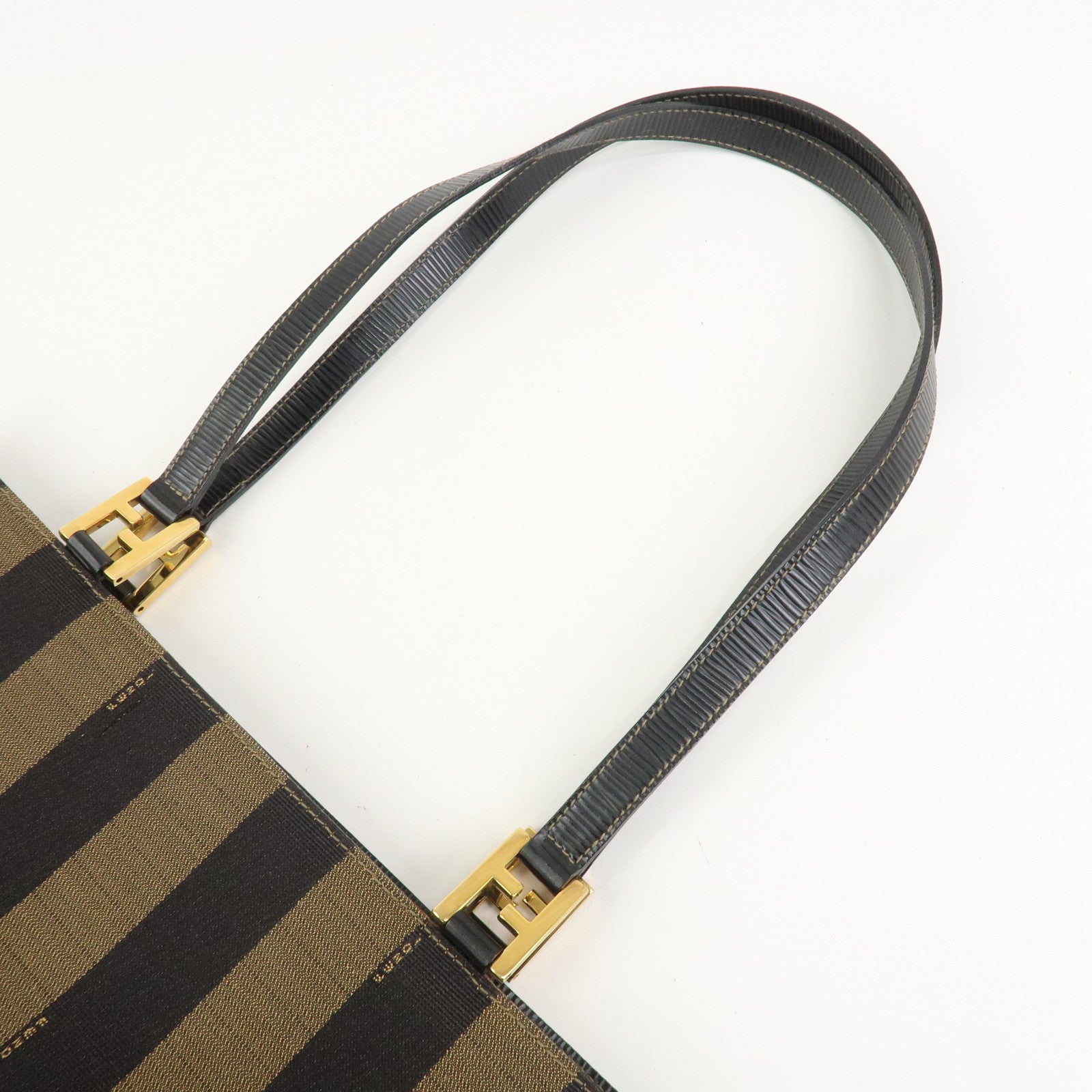 FENDI Pequin Canvas Leather Tote Bag Shoulder Bag Black Brown 26397