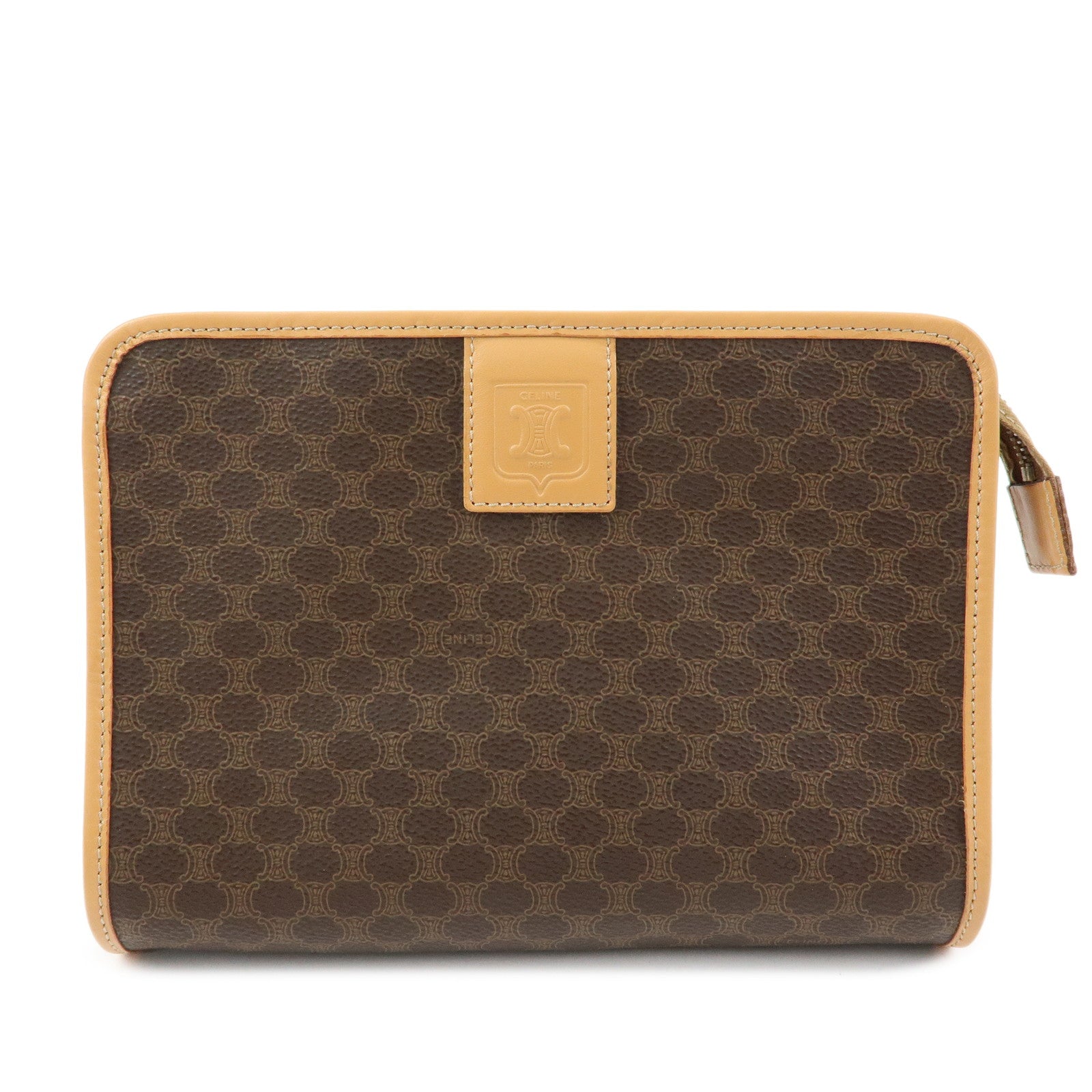 CELINE Macadam PVC Leather Clutch Bag Cosmetic Pouch Brown