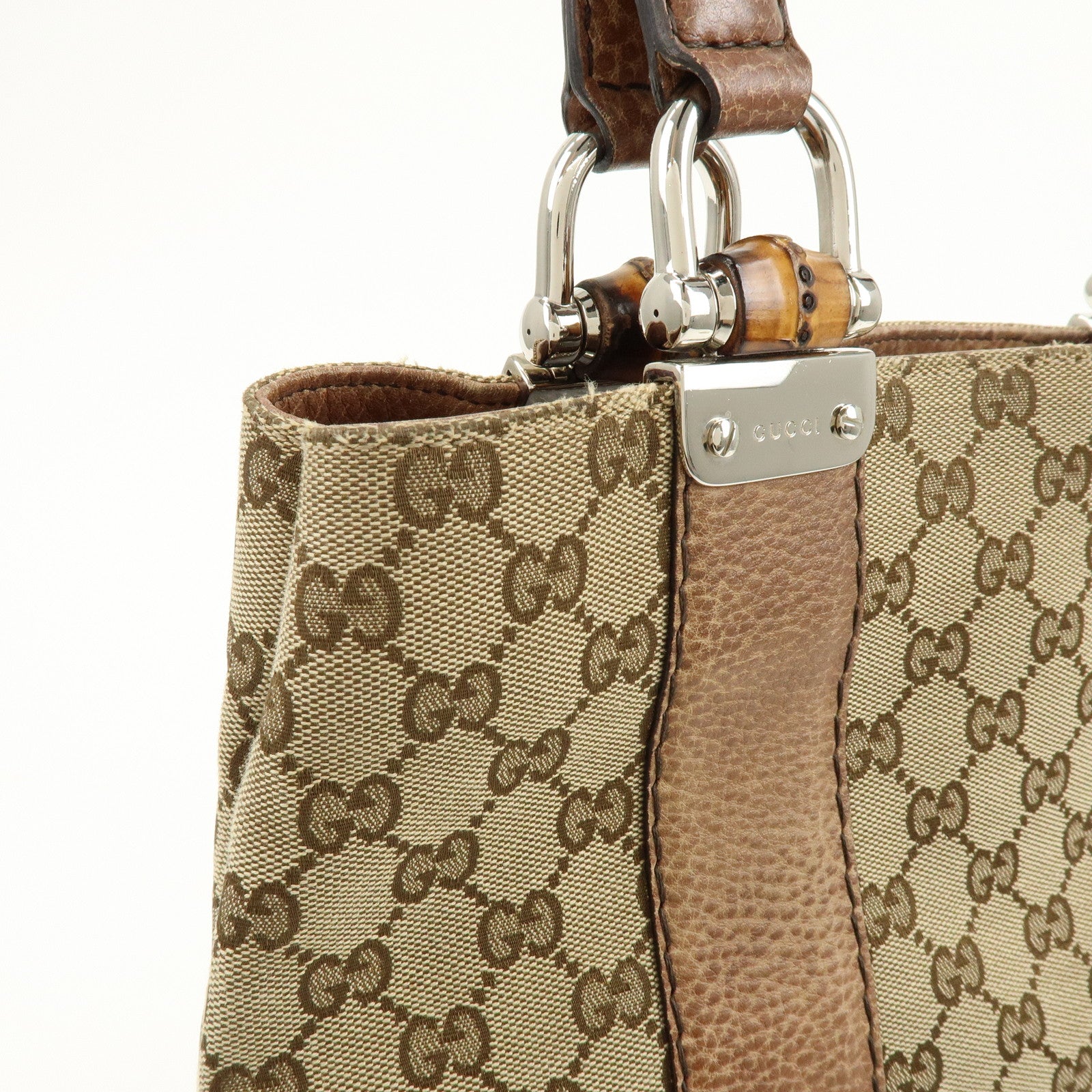GUCCI Bamboo GG Canvas Leather Tote Bag Shoulder Bag Beige 232946