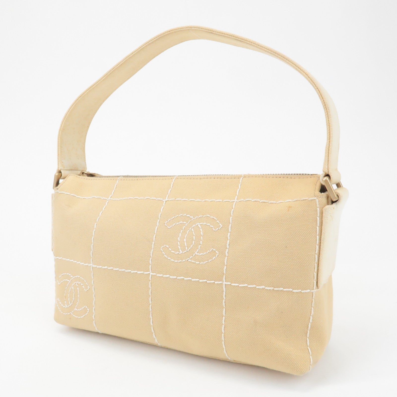 CHANEL Wild Stich Canvas Shoulder Bag Hand Bag Beige