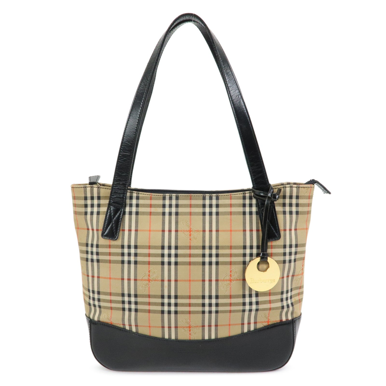 BURBERRY Canvas Leather Nova Plaid Tote Shoulder Bag Beige Black