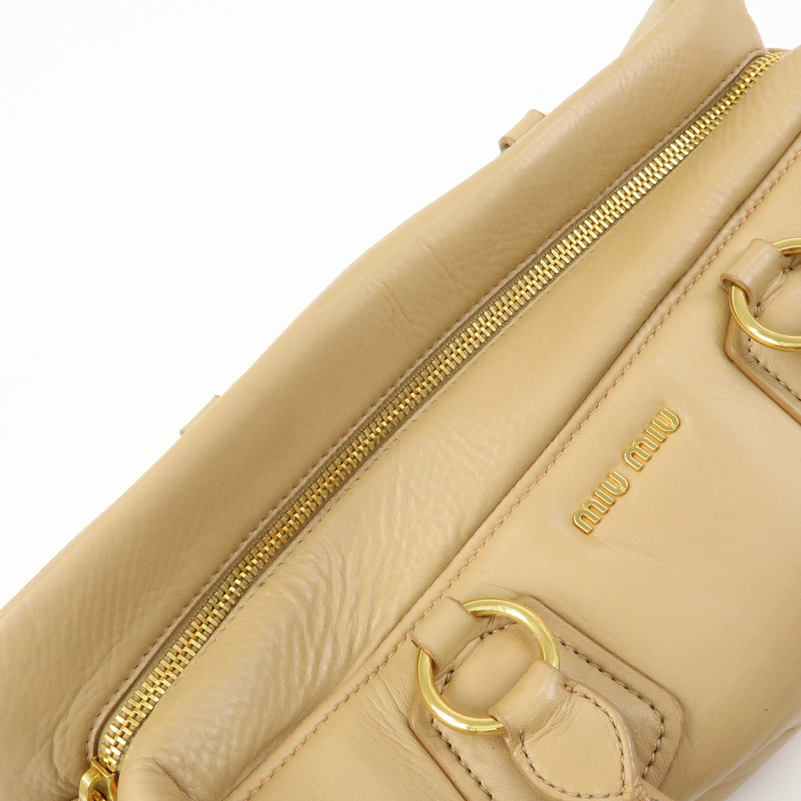 MIU MIU Logo Leather Hand Bag Boston Bag Beige