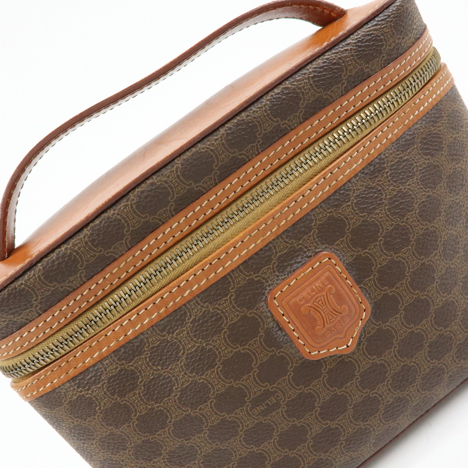 CELINE Macadam PVC Leather Vanity Hand Bag Makeup Bag Brown