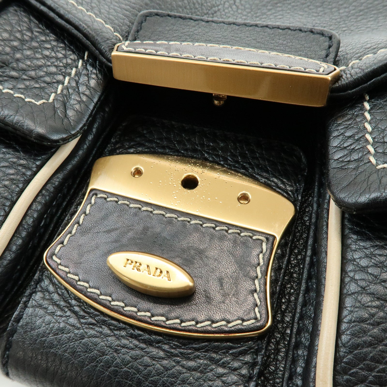 PRADA Logo Leather Stitch Shoulder Bag Hand Bag Black