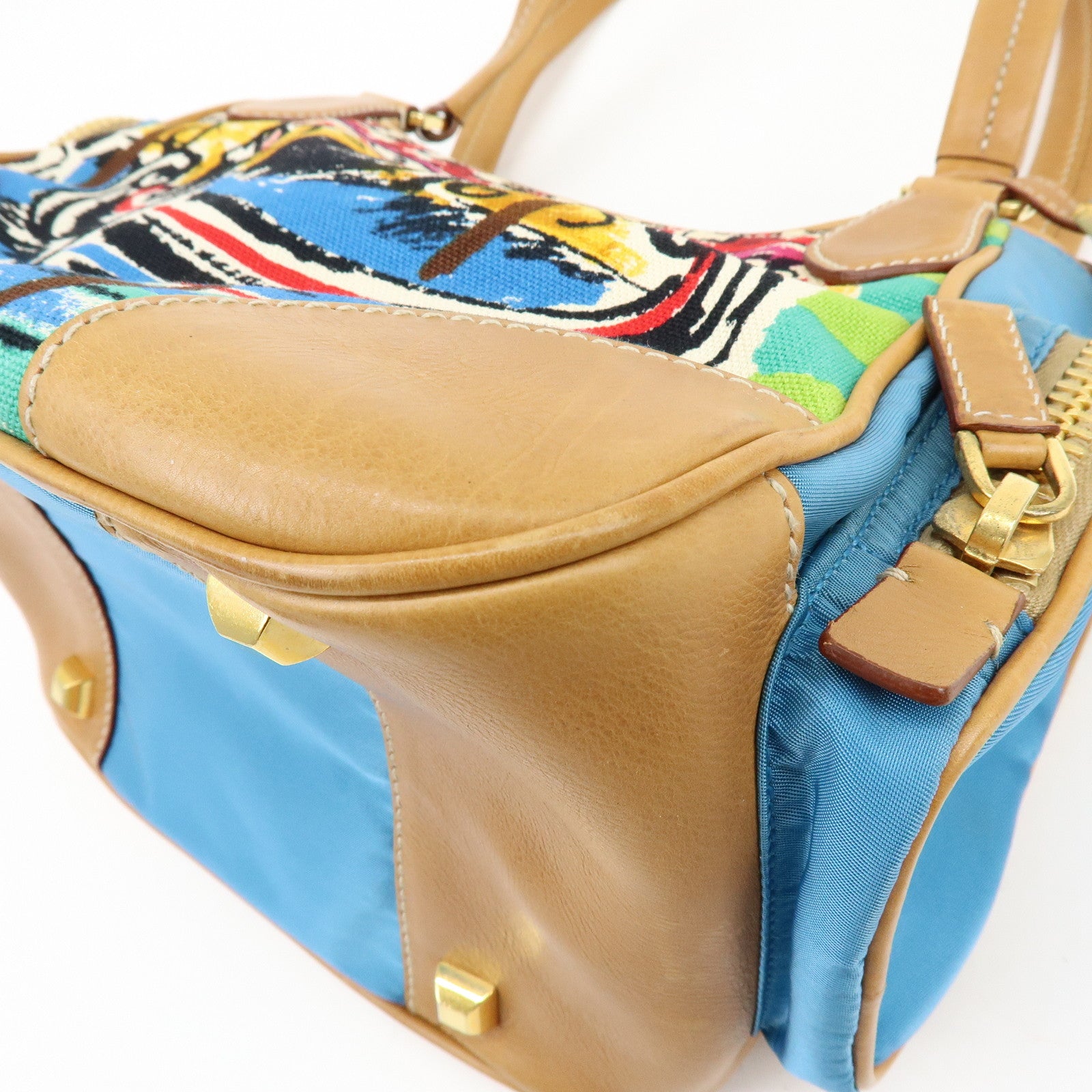 PRADA Triangle Logo Canvas Leather Hand Bag Light Brown Blue
