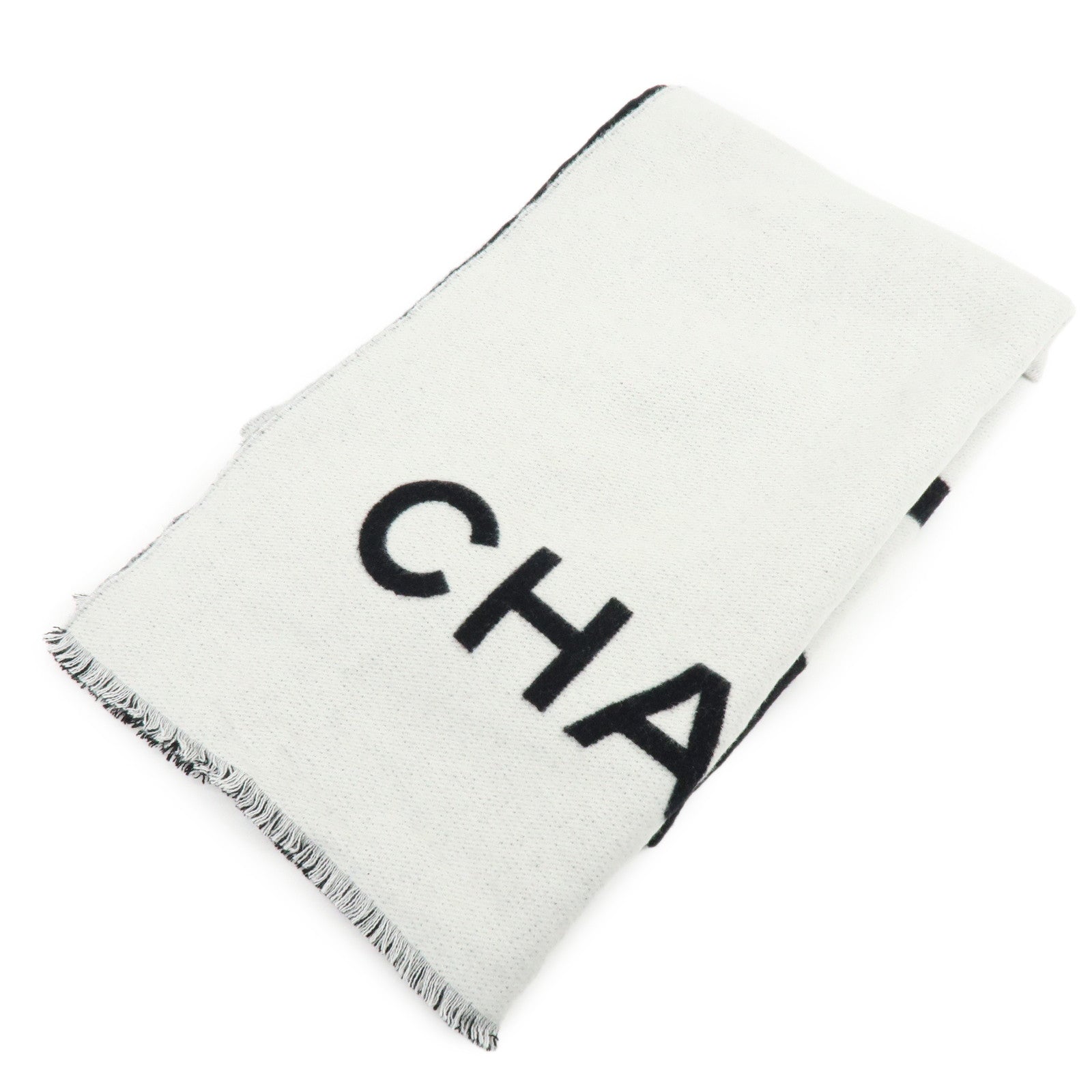 CHANEL Logo COCO Mark Cashmere 100% Scarf Shawl White Black