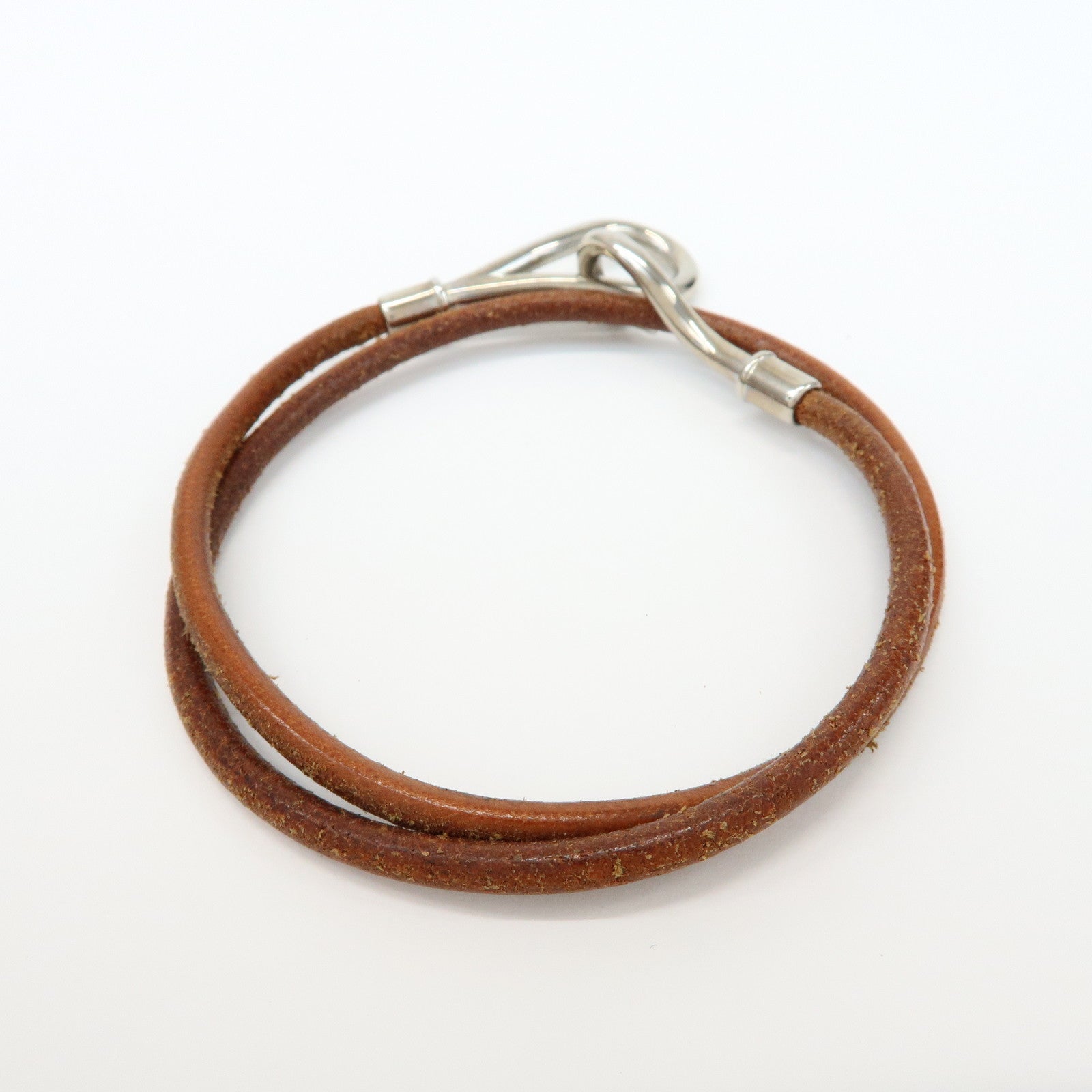 HERMES Set of 2 Jumbo Choker Leather Bracelet Brown Gold Silver
