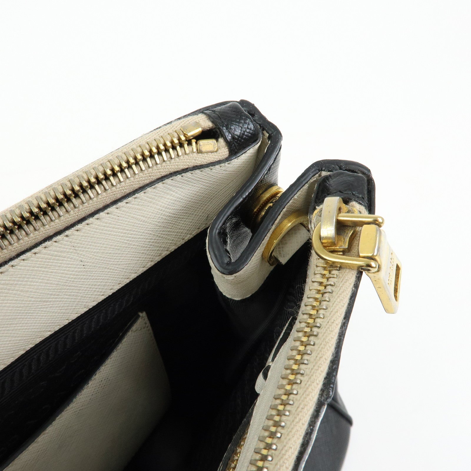 PRADA Triangle Logo Saffiano Leather Hand Bag Tote Bag Ivory Black