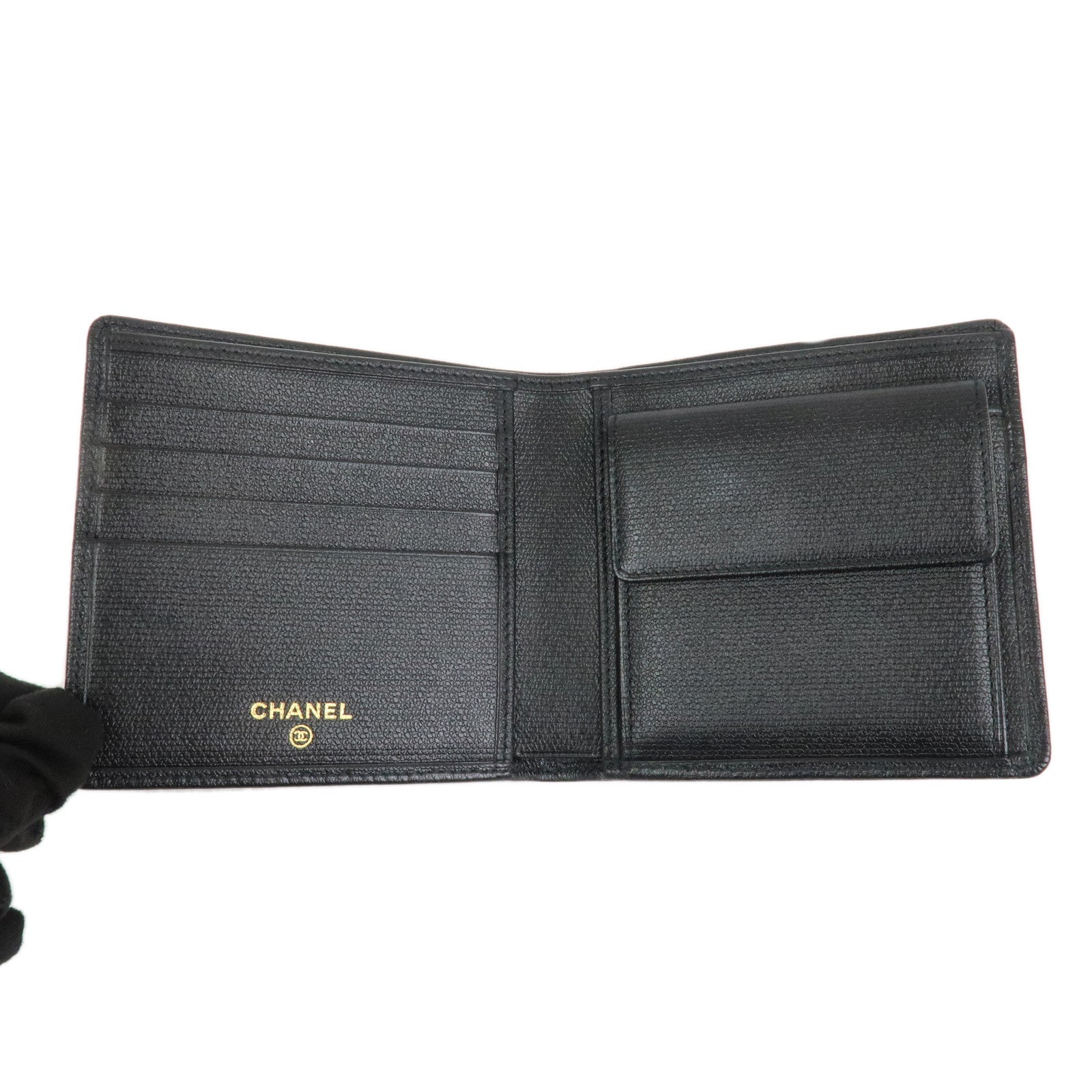CHANEL COCO Button Leather Bi-Fold Compact Wallet Black A20901