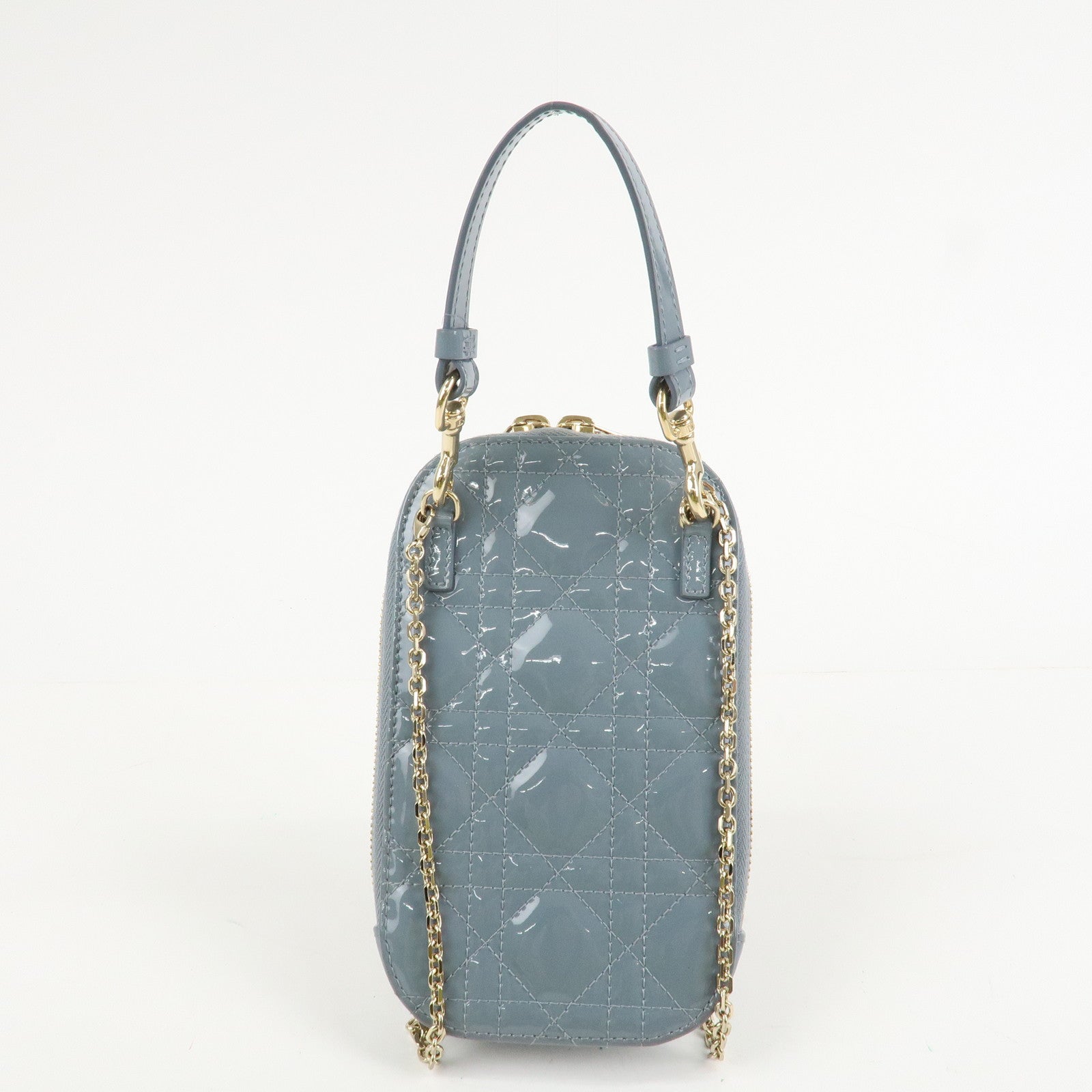 Christian Dior Lady Dior Cannage Patent Leather Phone Holder Light Blue Used