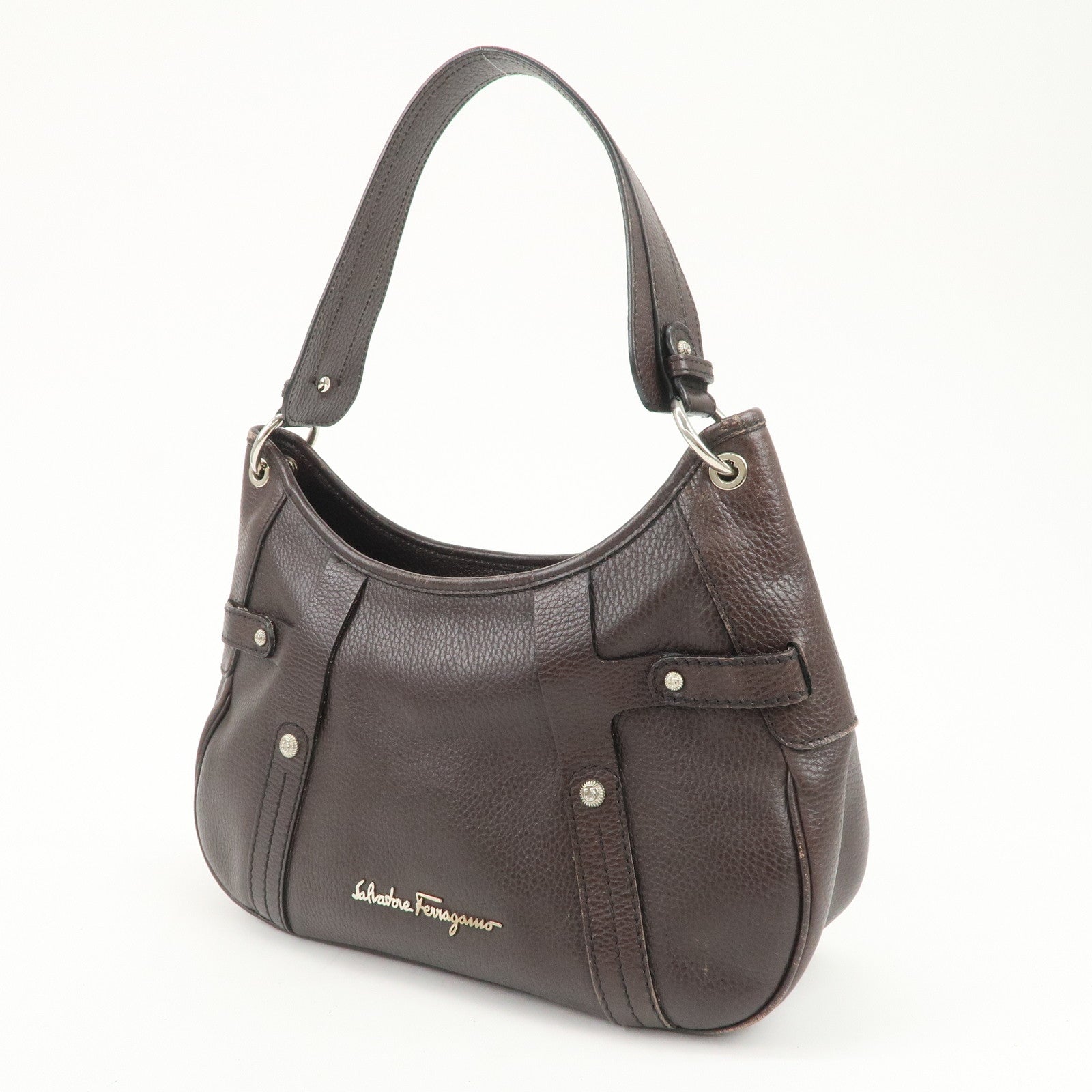Ferragamo Gancini Leather Shoulder Bag Dark Brown Silver
