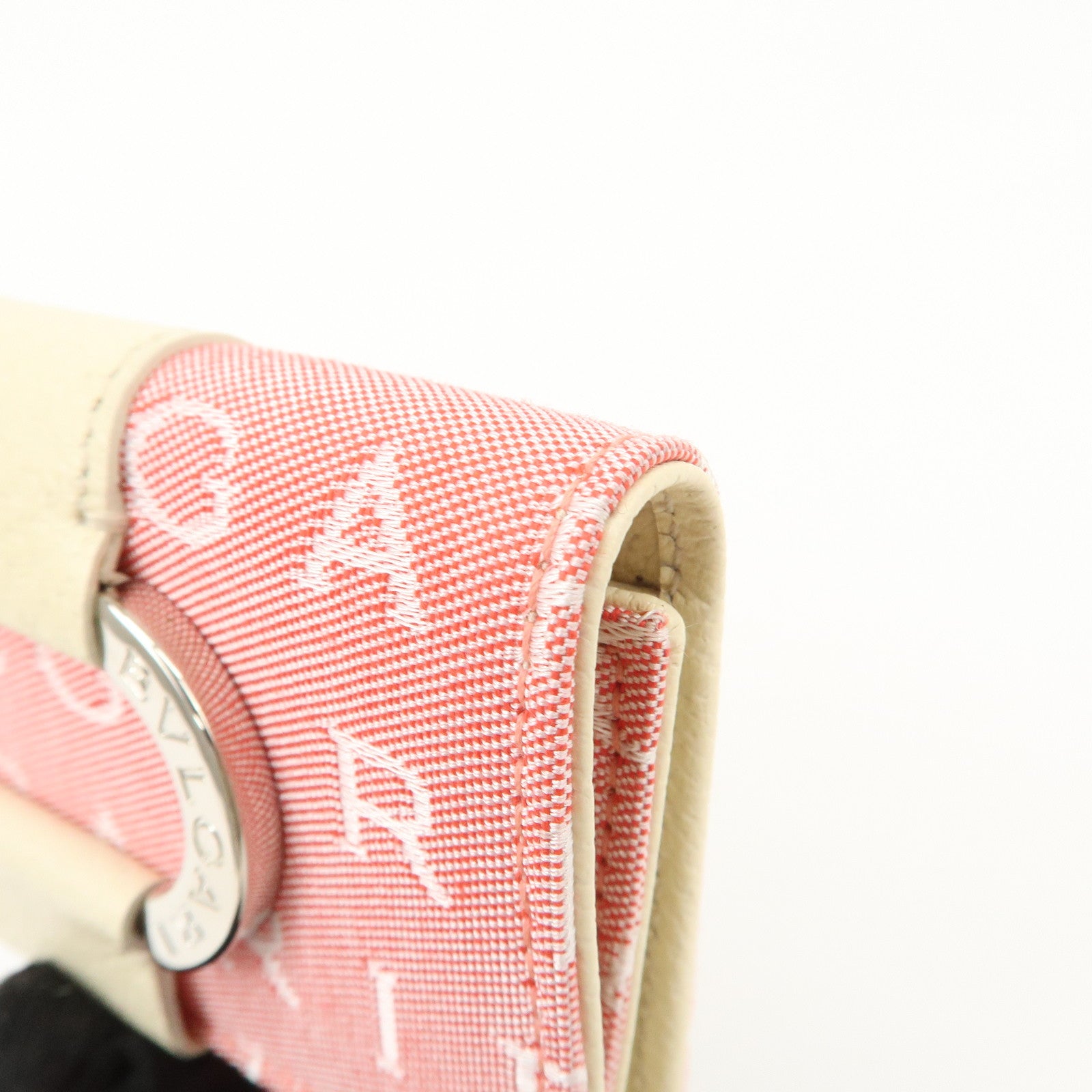 BVLGARI Logo Maniac Canvas Leather 6 Key Case Coin Case Pink White Used