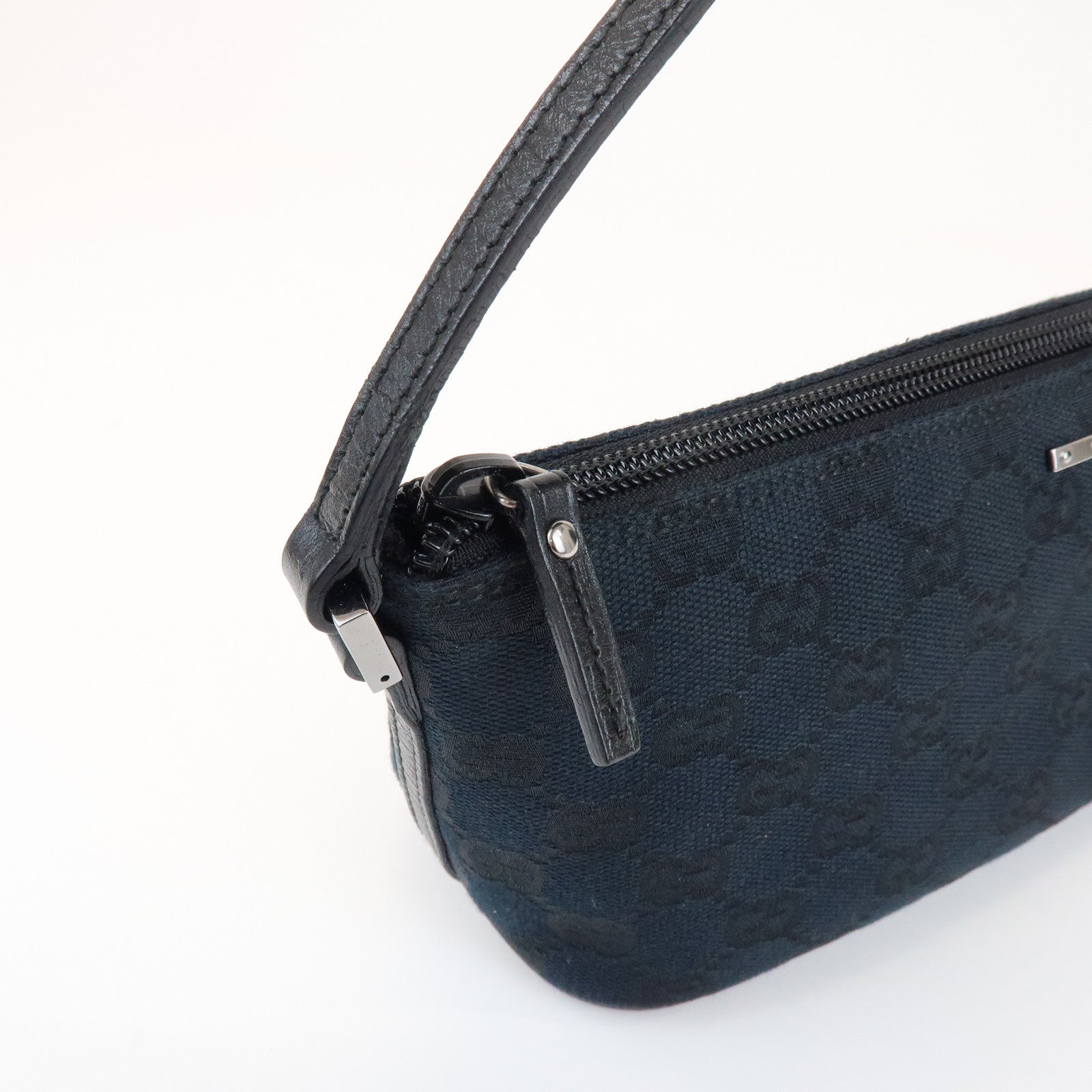 GUCCI Boat Bag GG Canvas Leather Pouch Hand Bag Black 07198