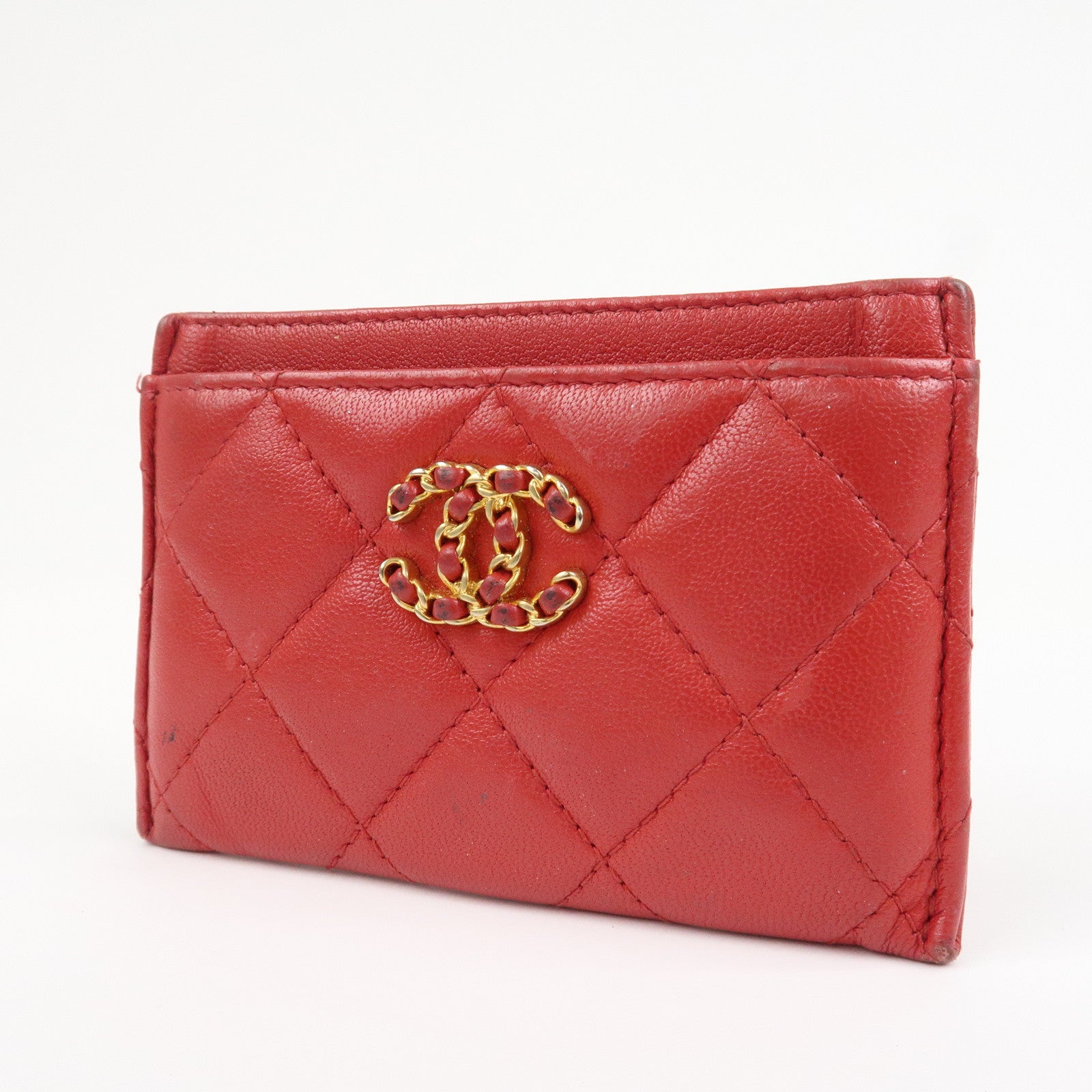 CHANEL COCO Mark Matelasse Lamb Skin Card Case Red