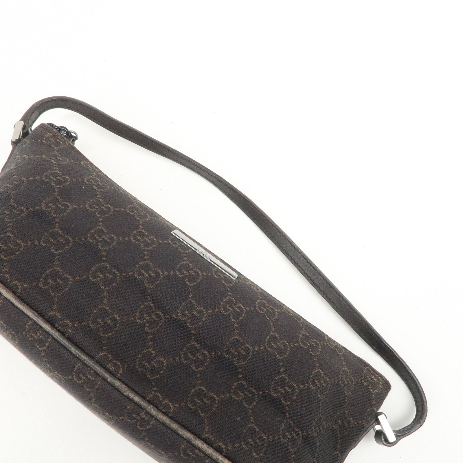 GUCCI Boat Bag GG Denim Togo Leather Hand Bag Dark Brown 07198