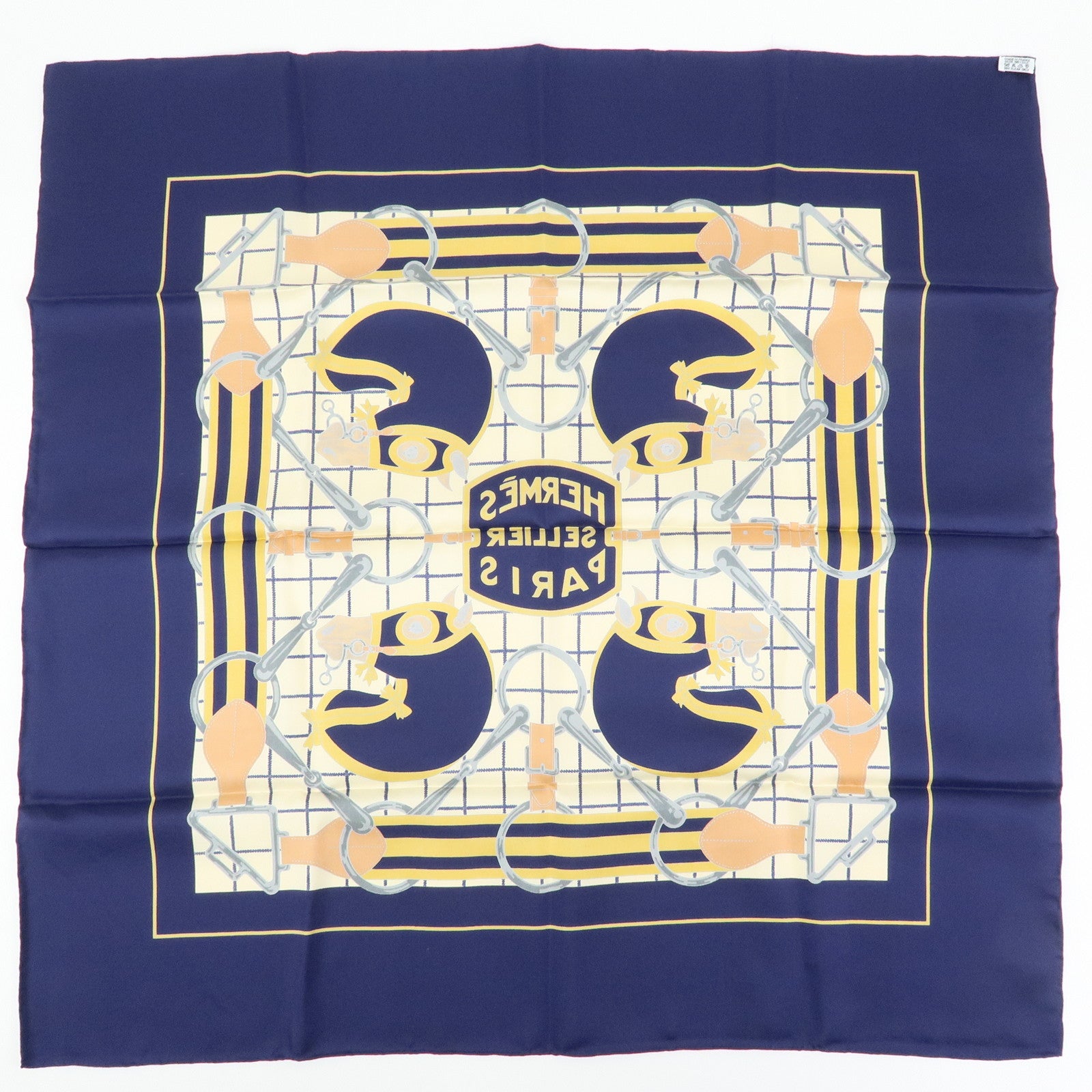 HERMES Carre 70 Silk 100% Scarf Tattersalles Navy Beige