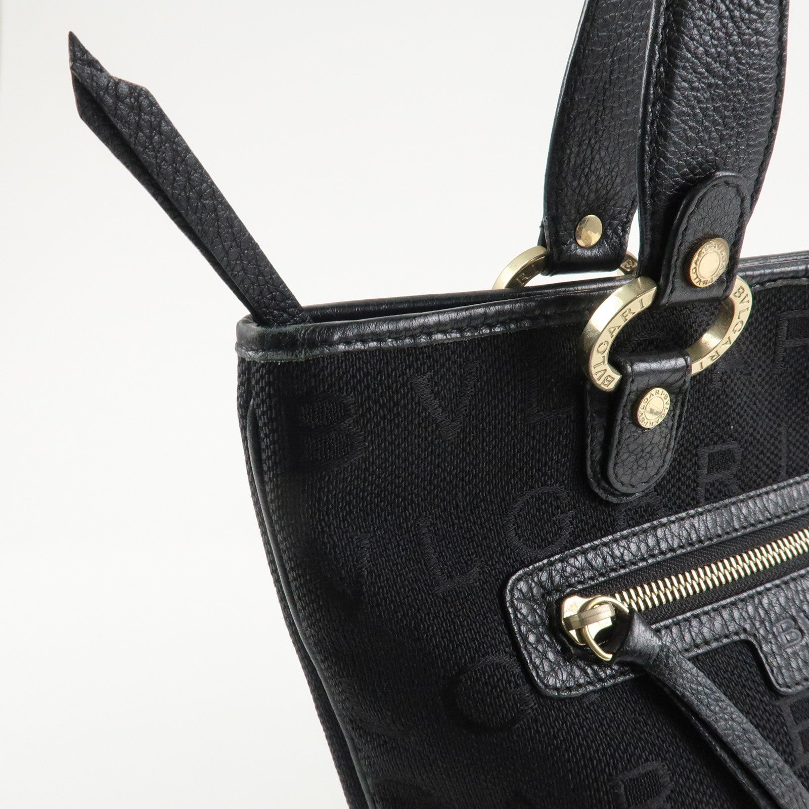 BVLGARI Logo Mania Leather Canvas Tote Bag Hand Bag Black Used