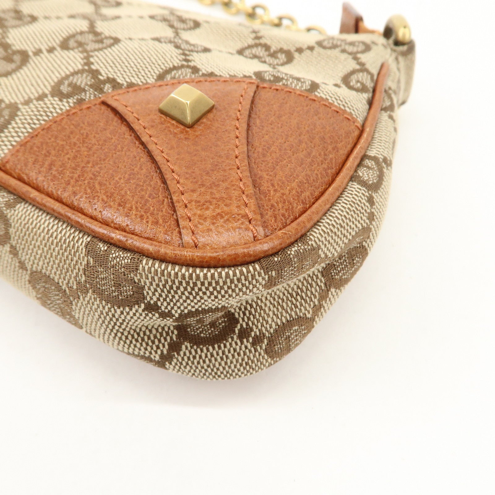GUCCI GG Canvas Leather Chain Hand Bag Pouch Beige Brown 120940 Used