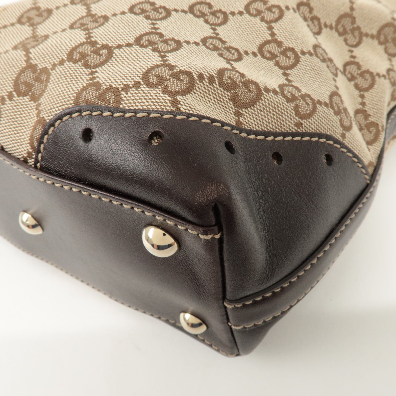 GUCCI GG Canvas Leather Tote Bag Hand Bag Beige Dark Brown 145994 Used