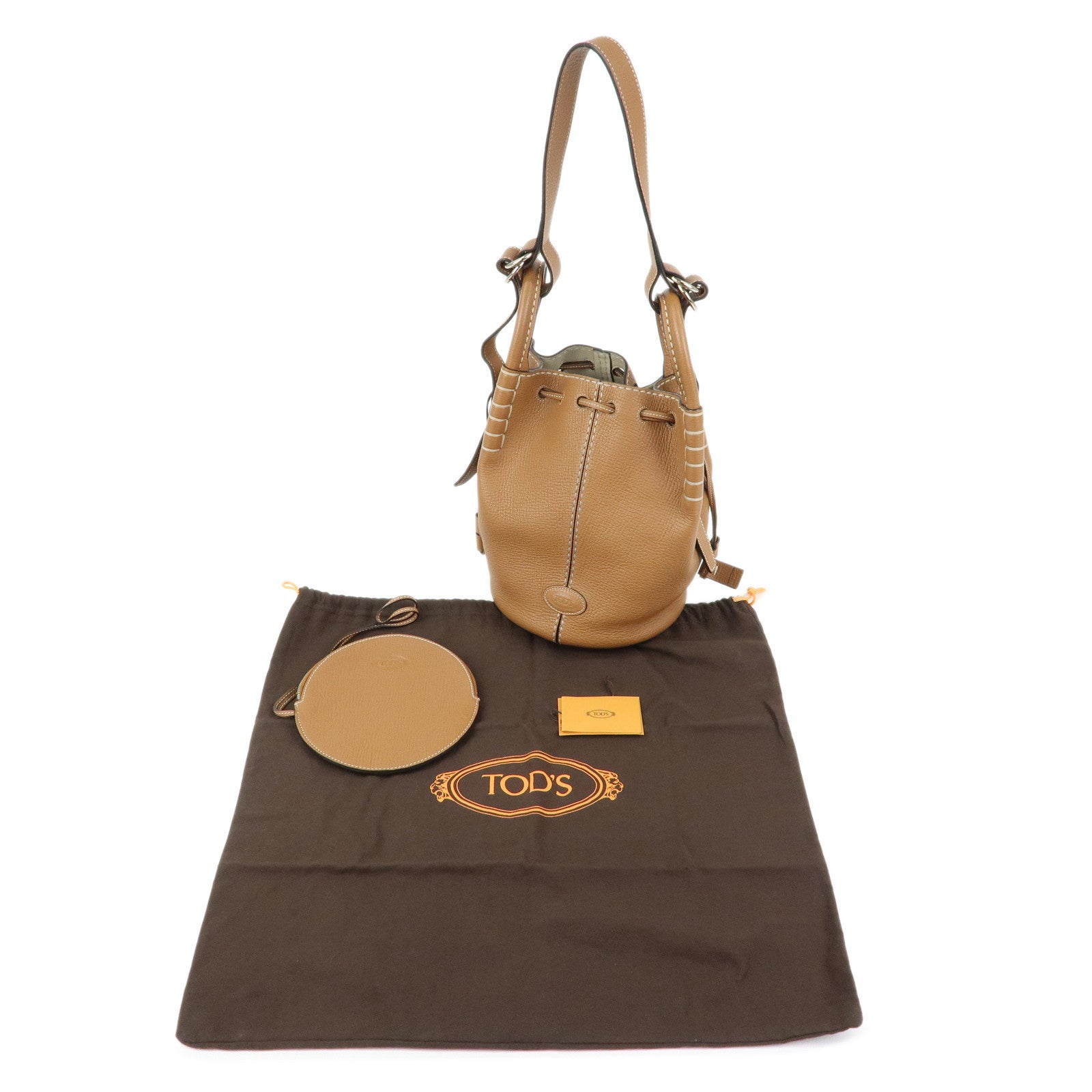 TOD'S T Timeless Leather 2Way Drawstring Bag Hand Bag Light Brown