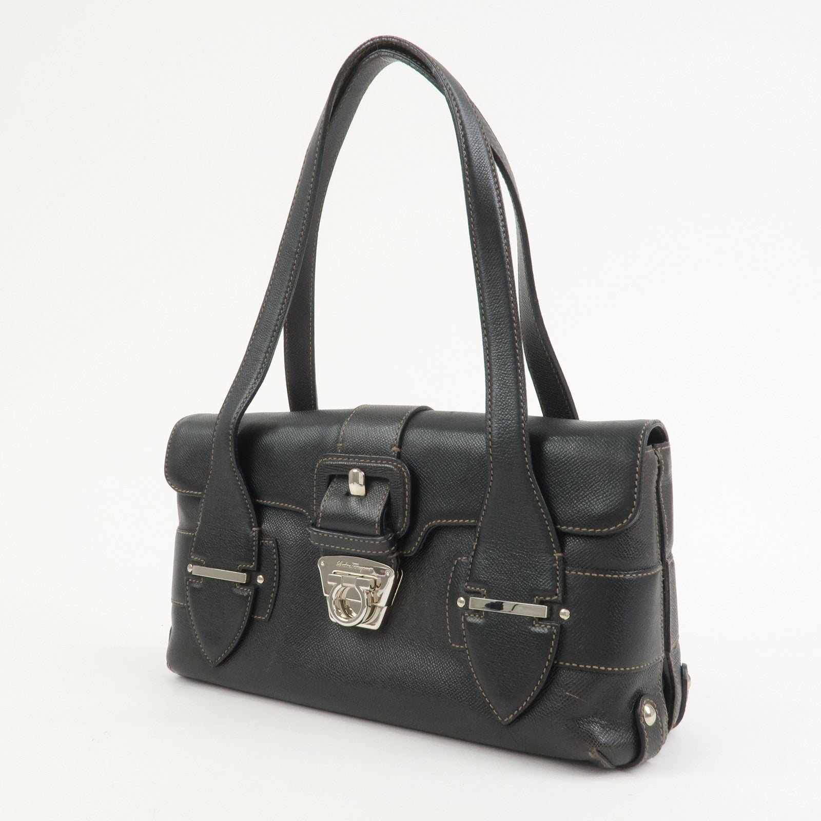 Ferragamo Gancini Leather Shoulder Bag Hand Bag Black