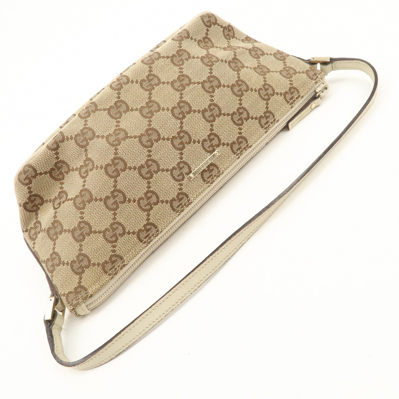 GUCCI Boat Bag GG Canvas Leather Bag Hand Bag Pouch Beige Ivory 07198 Used