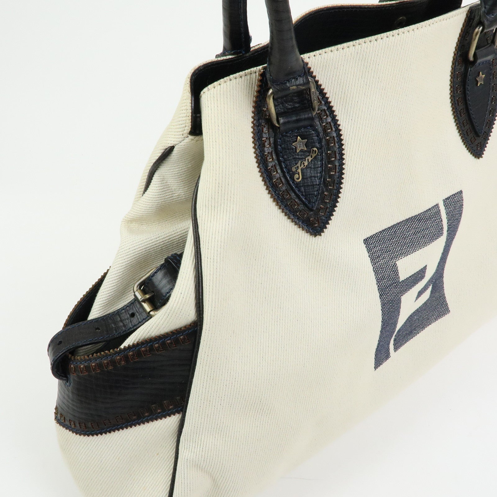 FENDI Etnico Denim Leather Tote Bag Ivory Dark Brown 8BN158