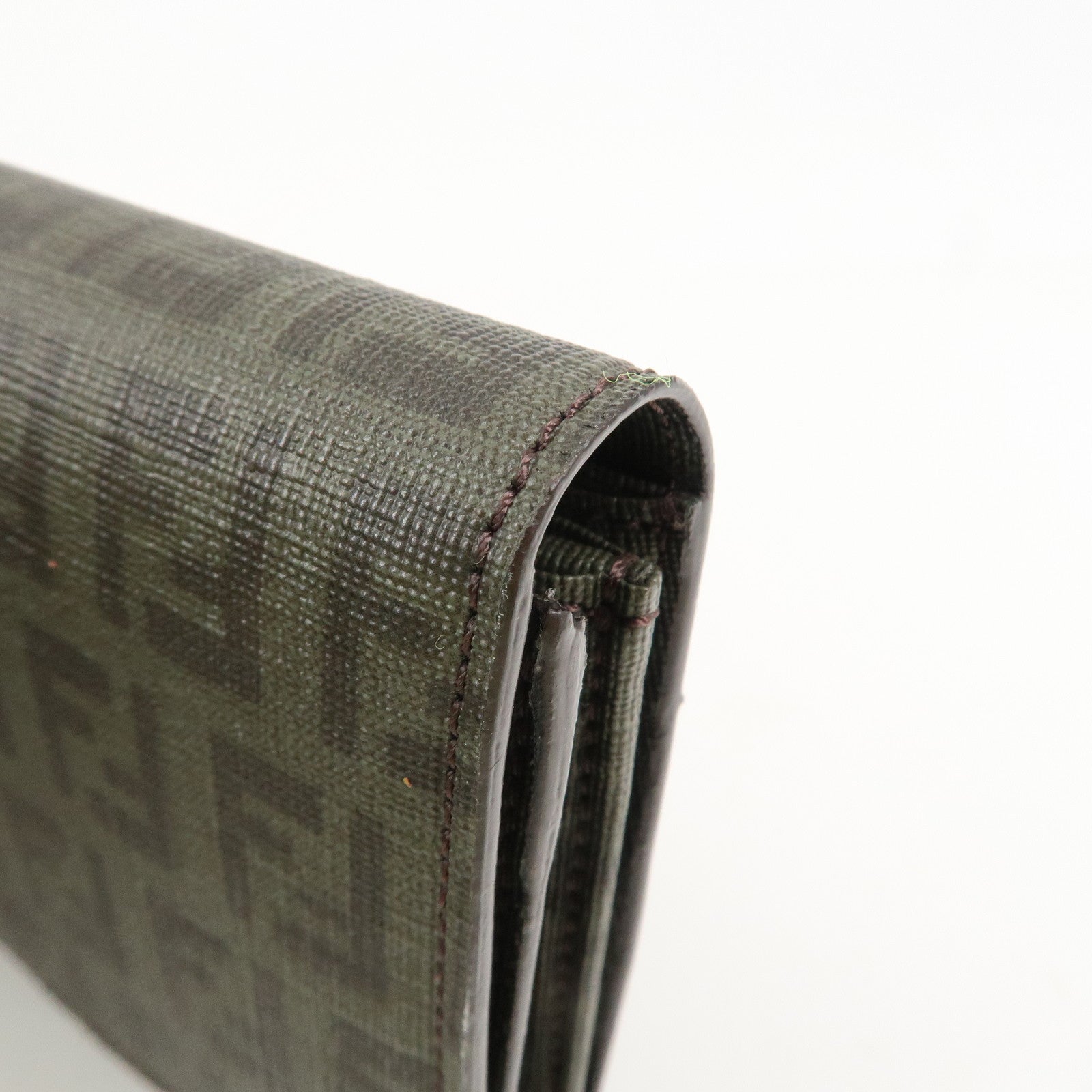 FENDI Zucchino PVC Flap Bi-Fold Long Wallet Black Moss Green 8M0235 Used