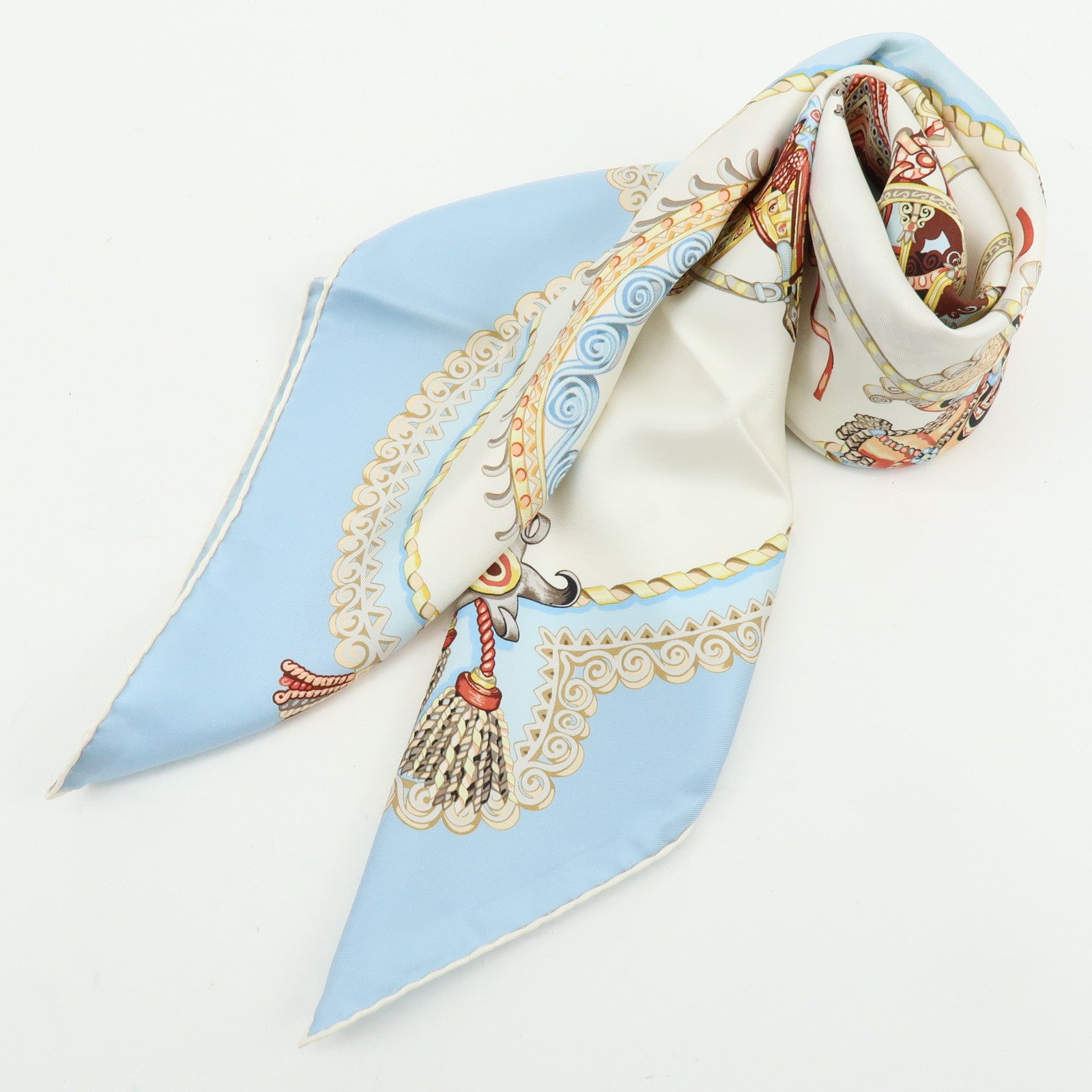 HERMES Carre 90 Silk 100% Scarf PAPEROLLES Light Blue Ivory
