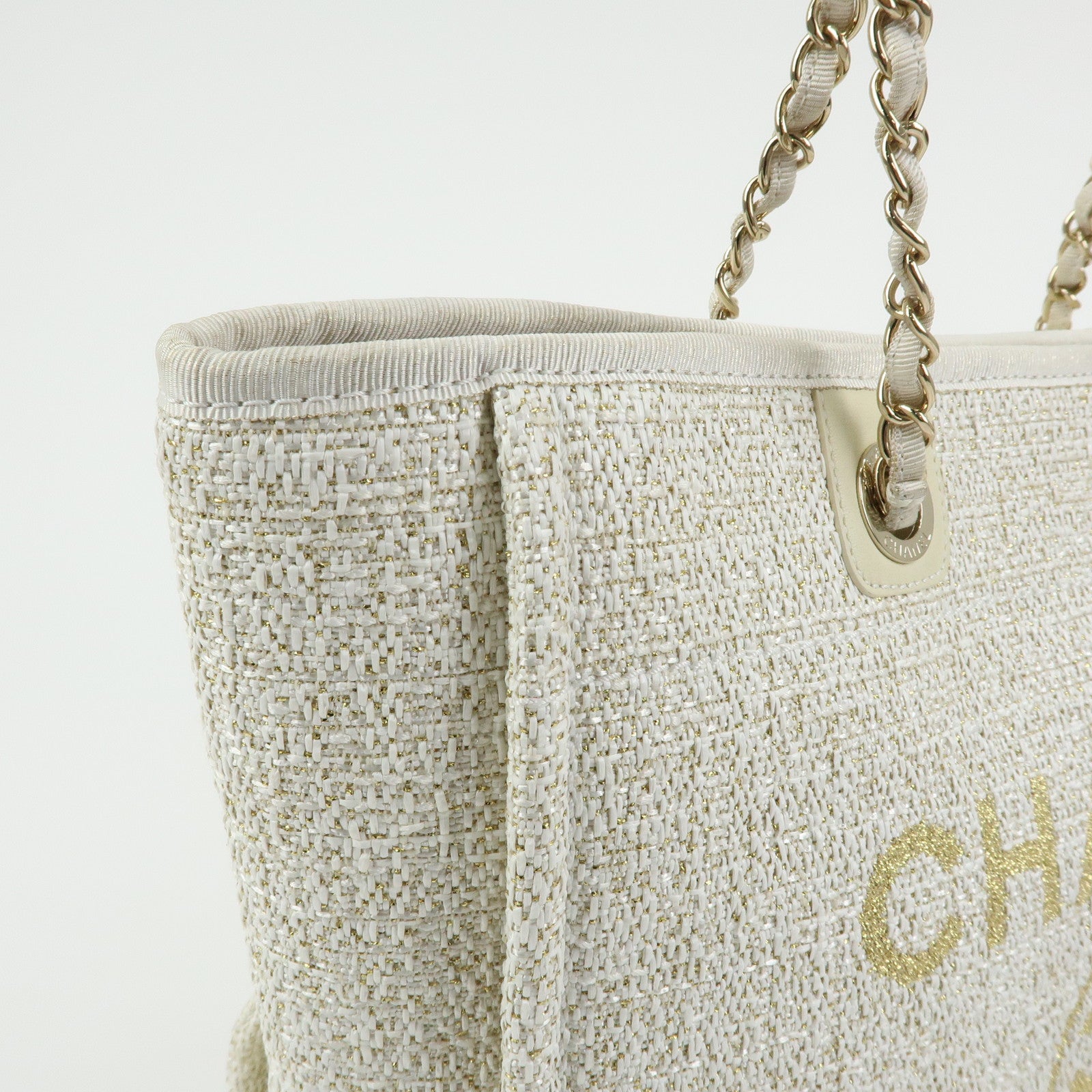 CHANEL Deauville MM Straw Leather Tote Shoulder Bag White A67001