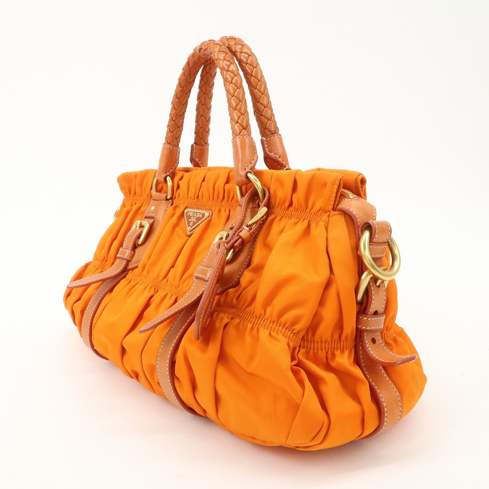 PRADA Triangle Logo Nylon Leather 2Way Bag Hand Bag Orange BN1407 Used