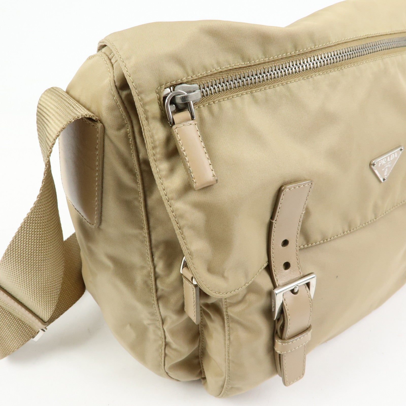 PRADA Triangle Logo Nylon Shoulder Bag Crossbody Bag Beige 1BD953