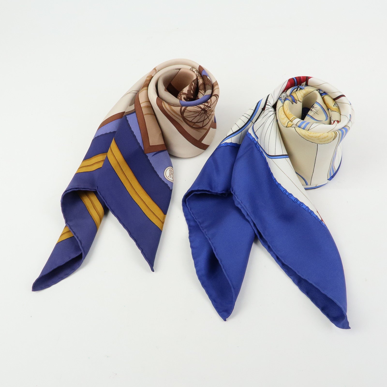 HERMES Carre 90 Set of 2 Silk 100% Scarf Navy Beige Brown