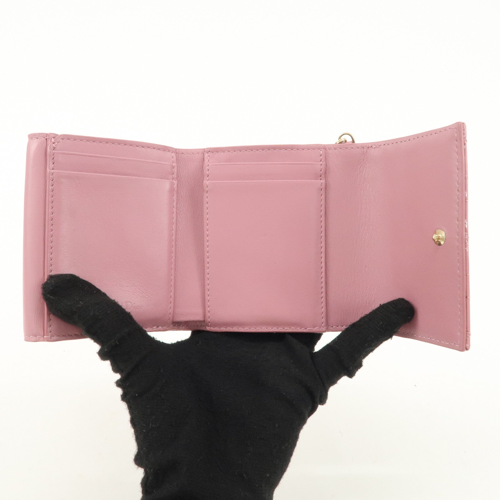 Christian Dior Lady Dior Cannage Patent Leather Tri-fold Wallet Pink Used