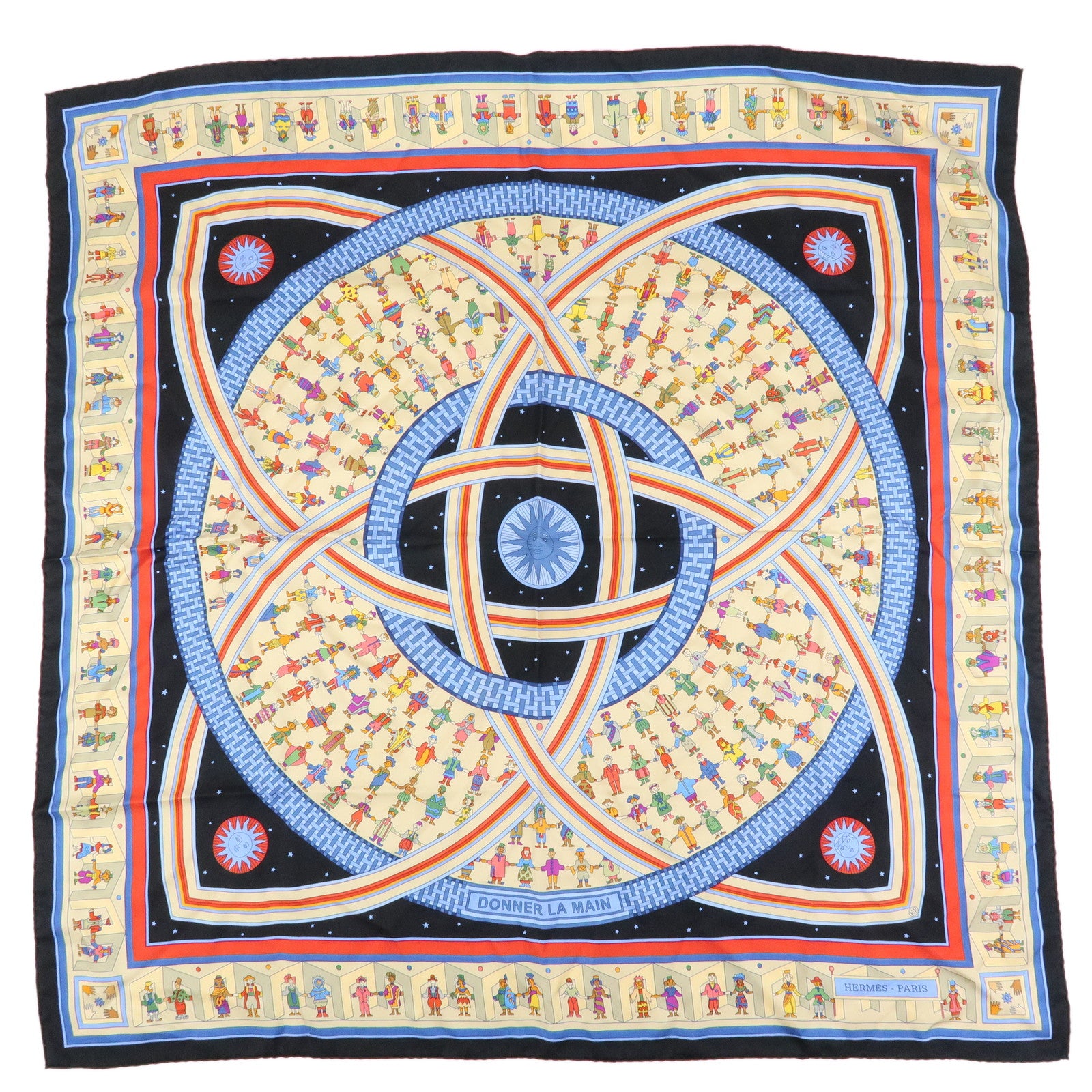 HERMES Carre 90 Silk 100% Scarf DONNER LA MAIN Black Beige