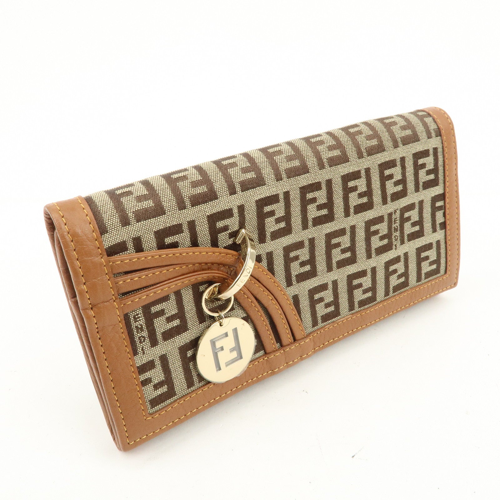 FENDI Zucchino Canvas Long Flap Wallet Camel 8M0179