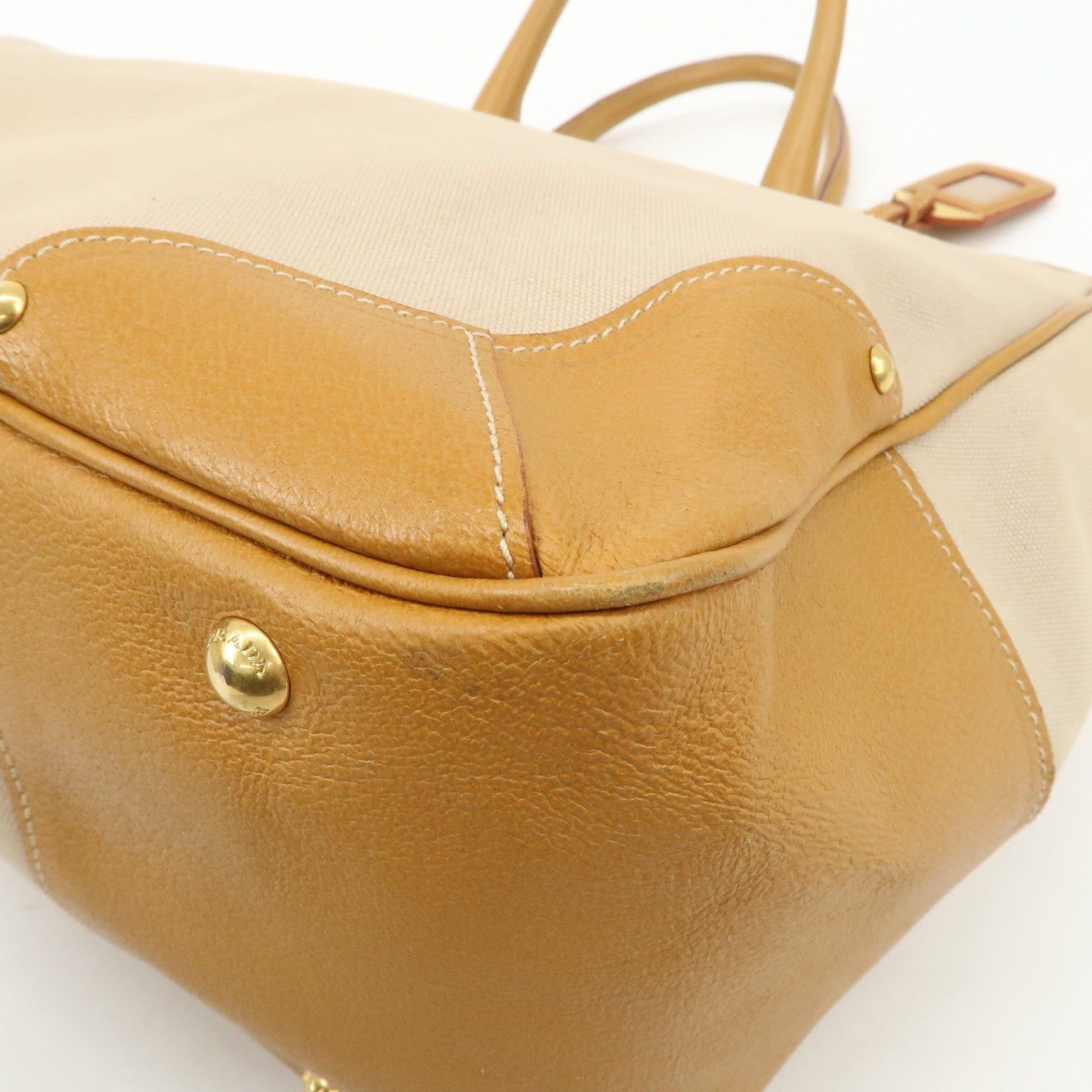 PRADA Triangle Logo Leather Canvas 2 Way Tote Bag Beige Brown