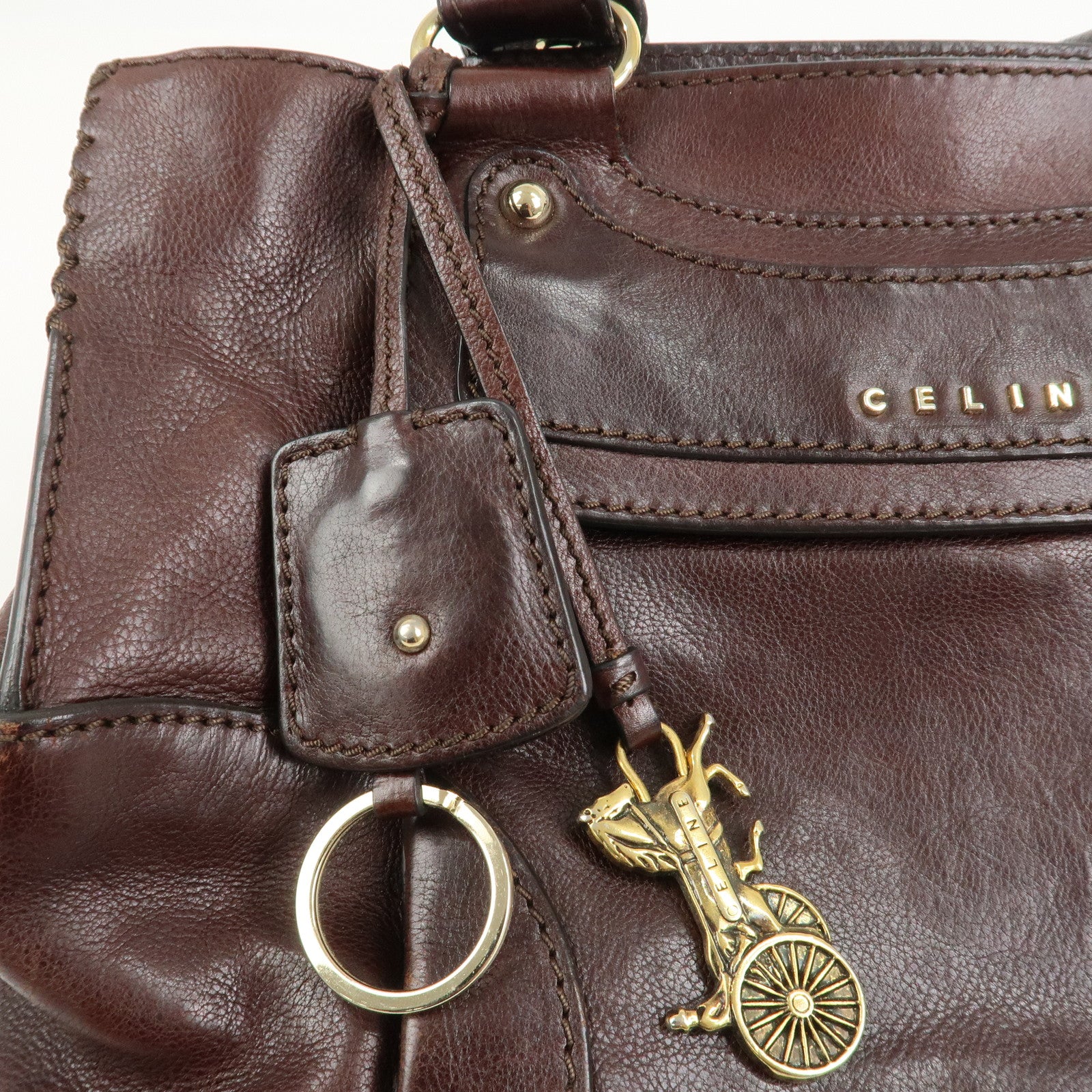 CELINE Logo Leather Boogie Bag Hand Bag Tote Bag Brown
