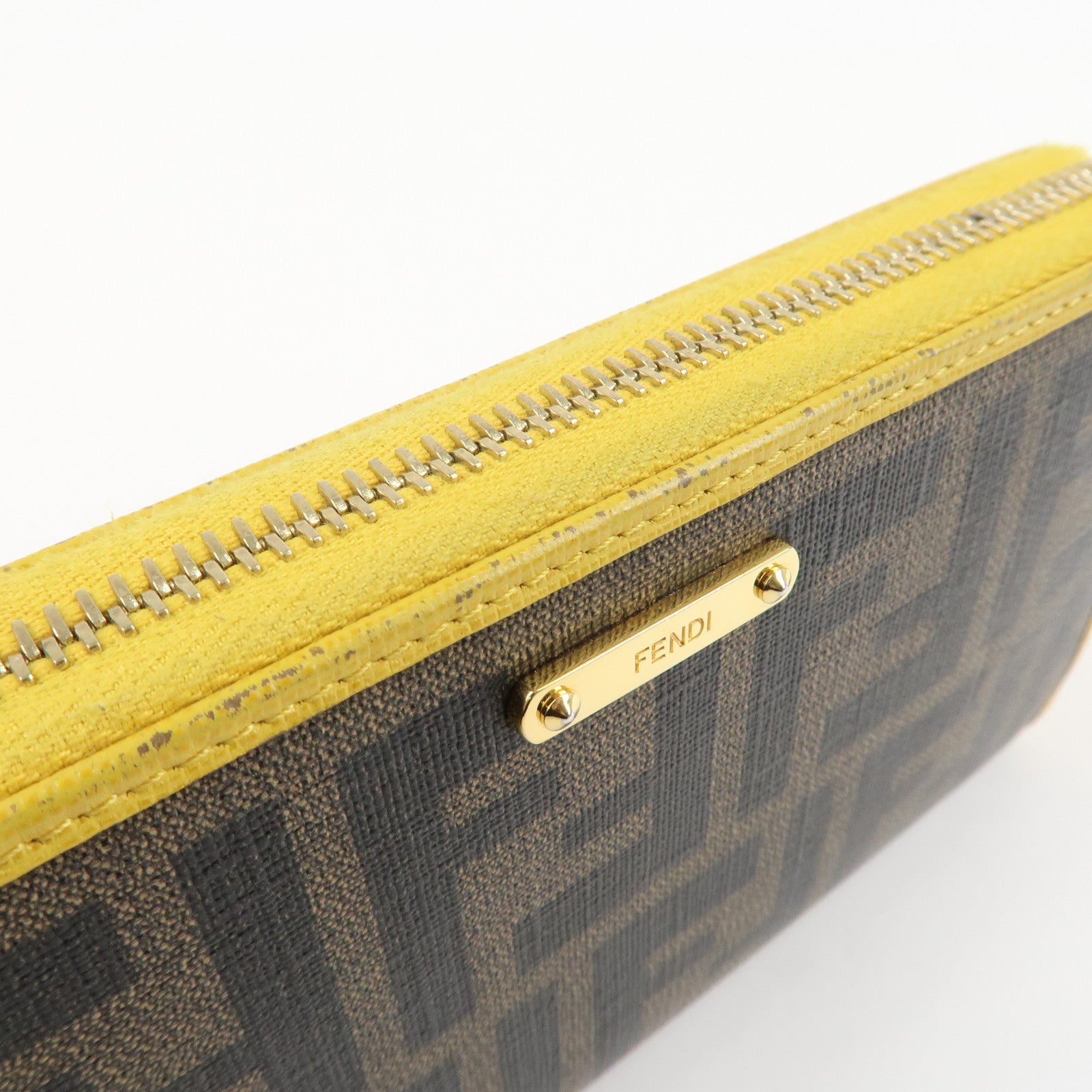 FENDI Zucca PVC Leather Round Zippy Long Wallet Brown Yellow 8M0299 Used