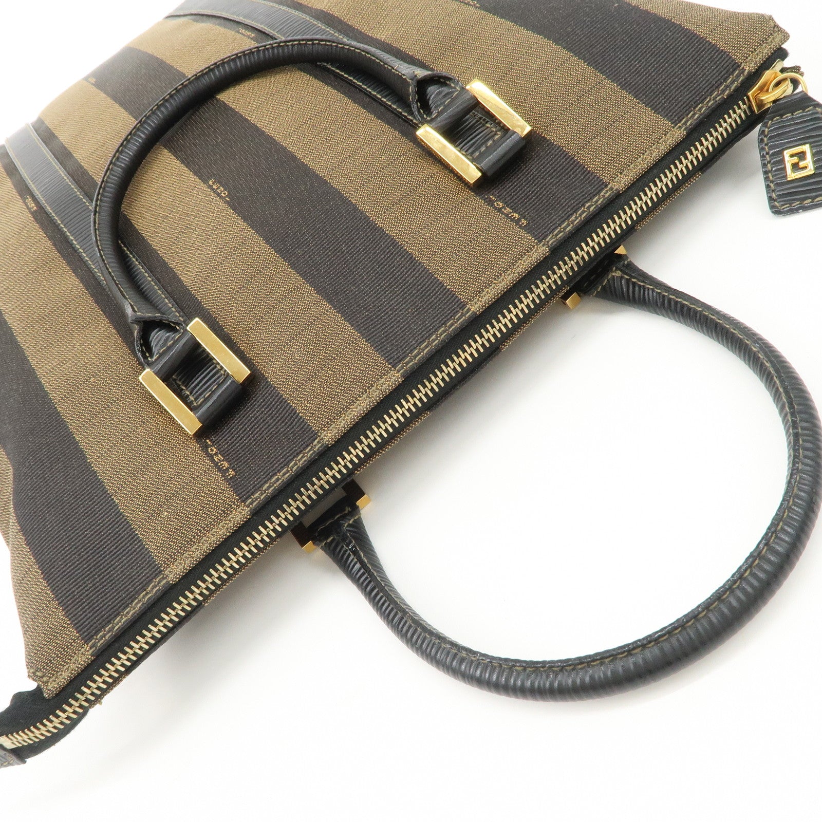 FENDI Pequin Canvas Leather Hand Bag Tote Bag Black Brown