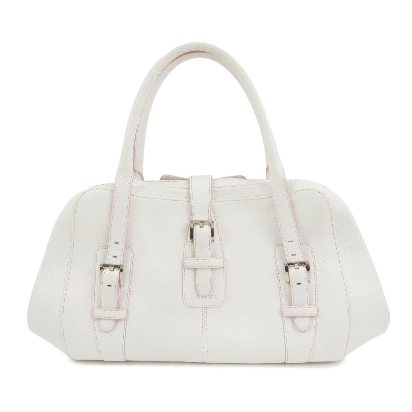 LOEWE Logo Senda Leather Shoulder Bag Boston Bag White Pink