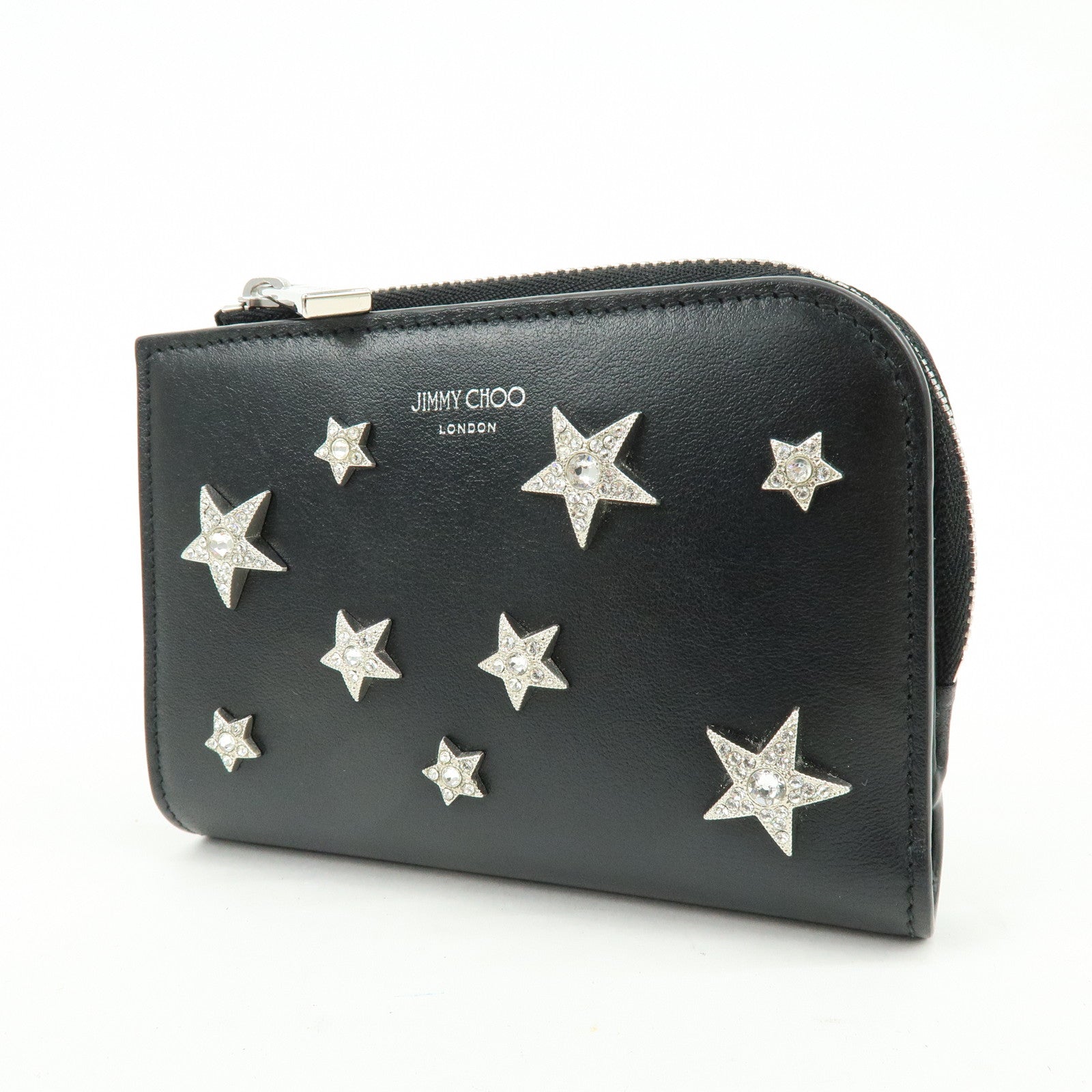 JIMMY CHOO Leather Compact Zippy Wallet Star Studs Black