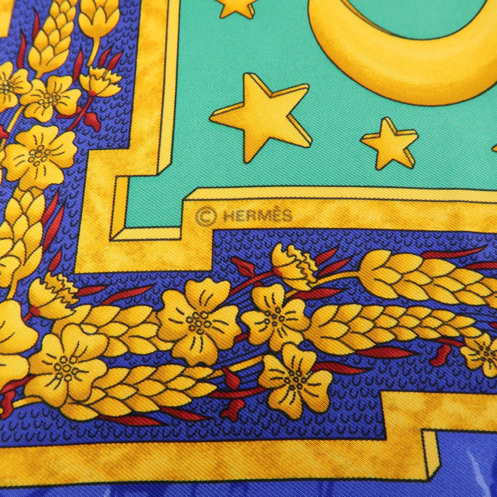 HERMES Carre 90 Silk 100% Scarf CARPE DIEM Blue Gold